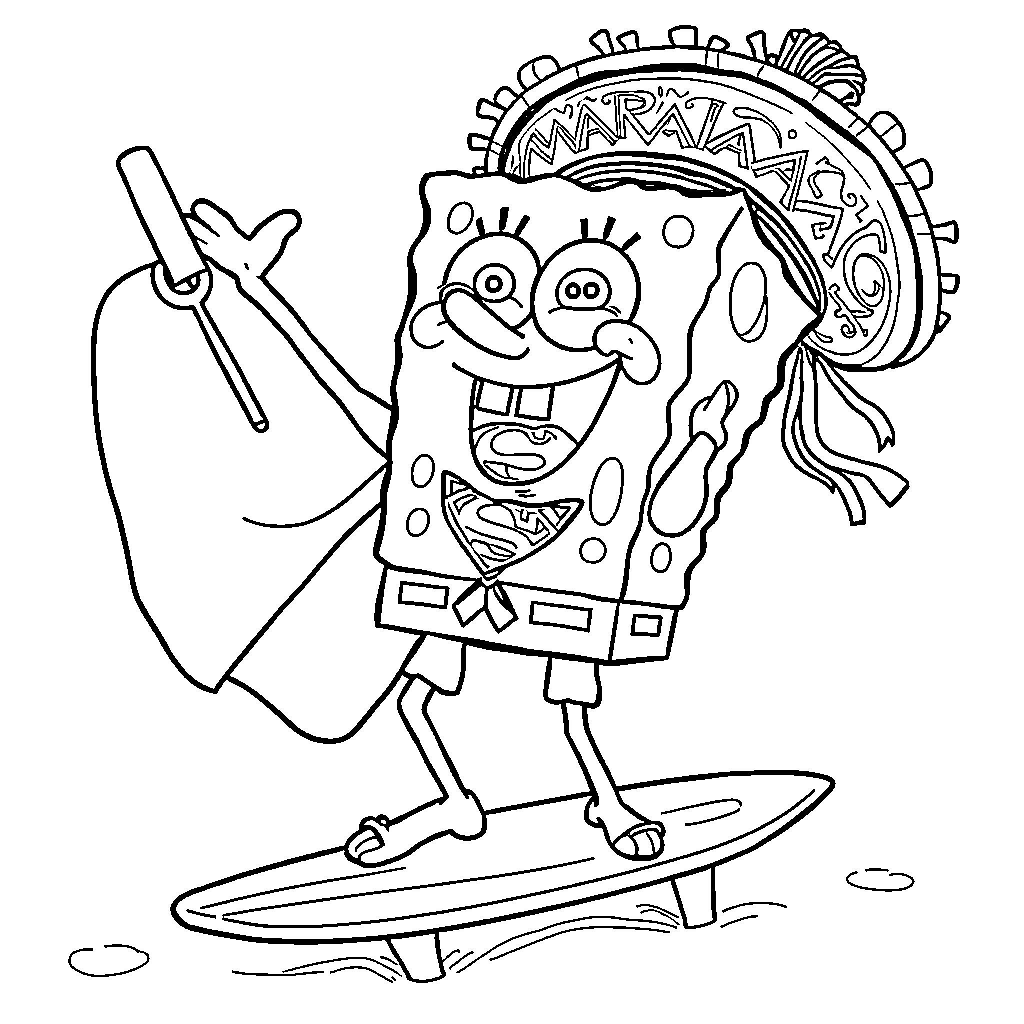 Spongebob surfing with silly expression Coloring Page (free black-and-white line drawing printable PDF for all, from beginners to advanced learners, including children, teens, adults, and seniors)