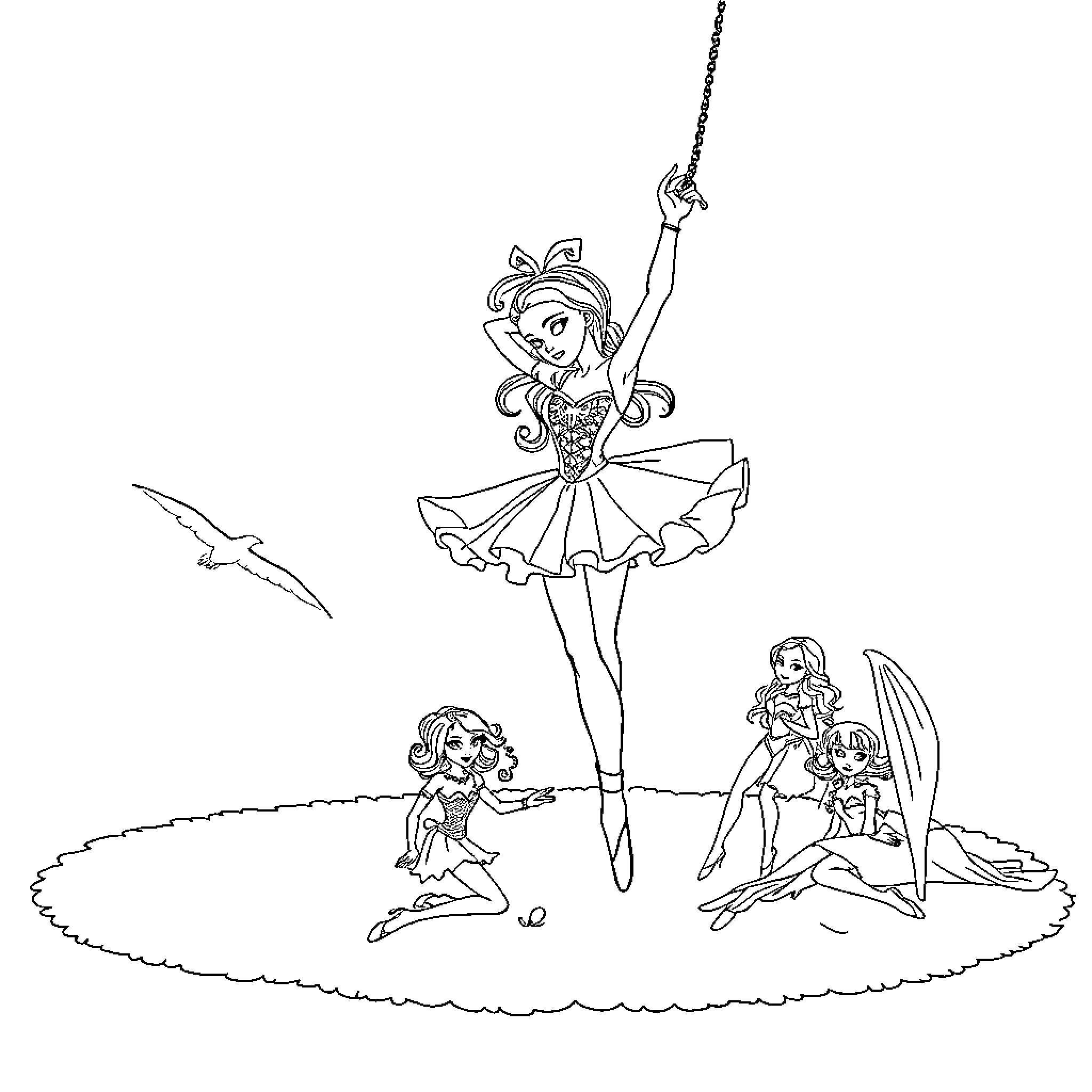 Ballerina performing graceful dance on stage with fairy companions Coloring Page (free black-and-white line drawing printable PDF for all, from beginners to advanced learners, including children, teens, adults, and seniors)