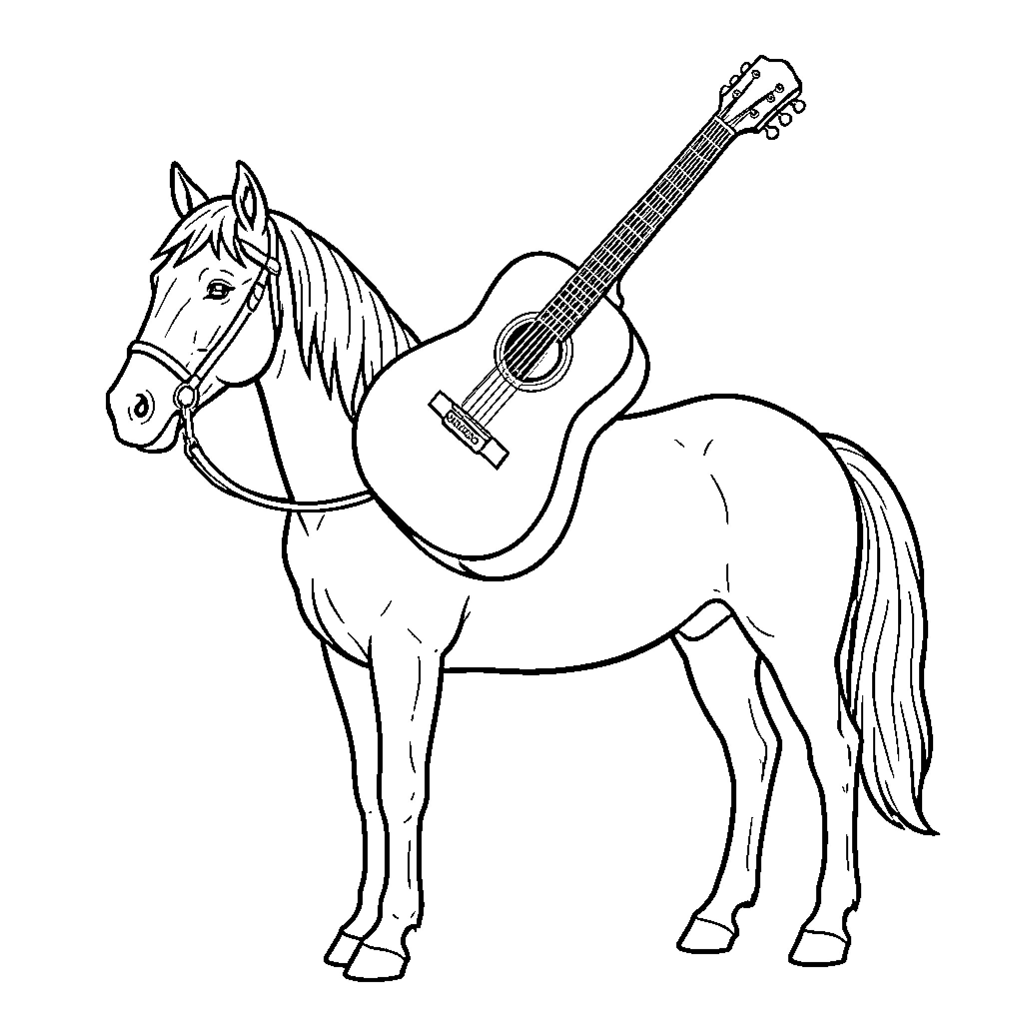 Guitar resting on the back of a standing horse Coloring Page (free black-and-white line drawing printable PDF for all, from beginners to advanced learners, including children, teens, adults, and seniors)