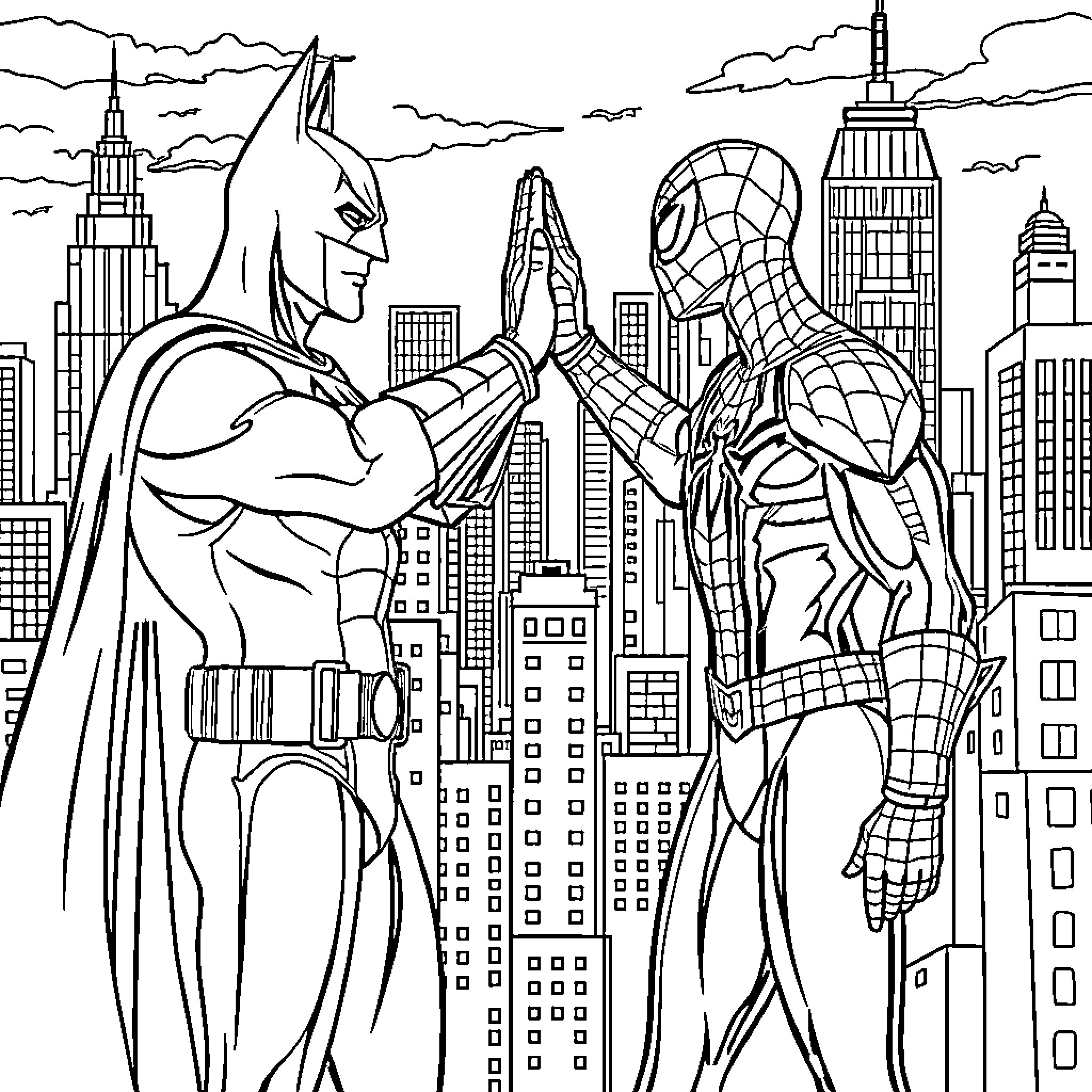 Batman and Spiderman team up in the city Coloring Page (free black-and-white line drawing printable PDF for all, from beginners to advanced learners, including children, teens, adults, and seniors)