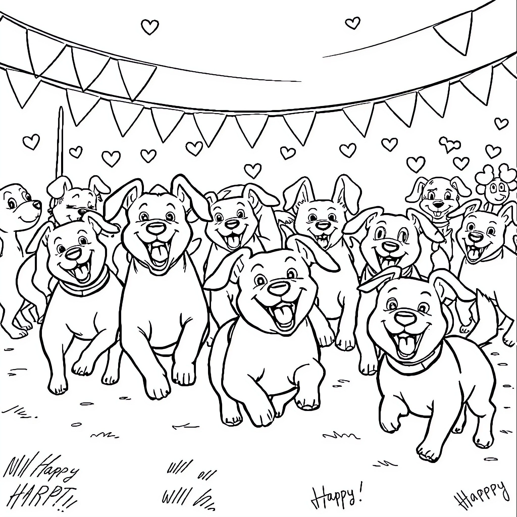Dogs happily celebrating a party Coloring Page (free black-and-white line drawing printable PDF for all, from beginners to advanced learners, including children, teens, adults, and seniors)