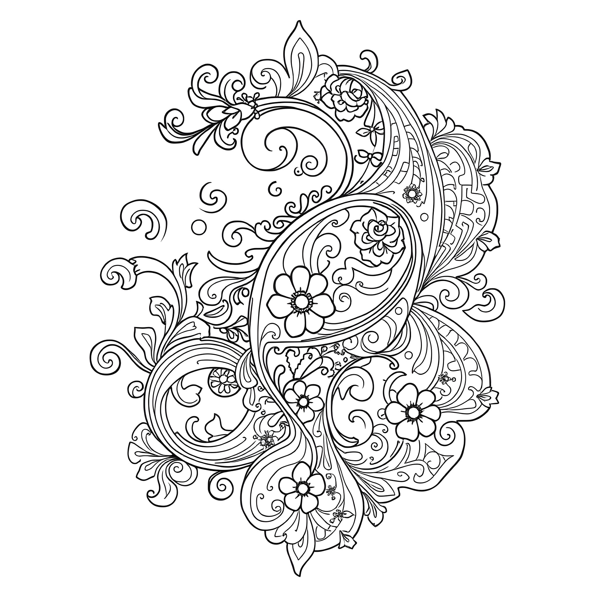 Paisley Floral Pattern with Abstract Designs Coloring Page (free black-and-white line drawing printable PDF for all, from beginners to advanced learners, including children, teens, adults, and seniors)