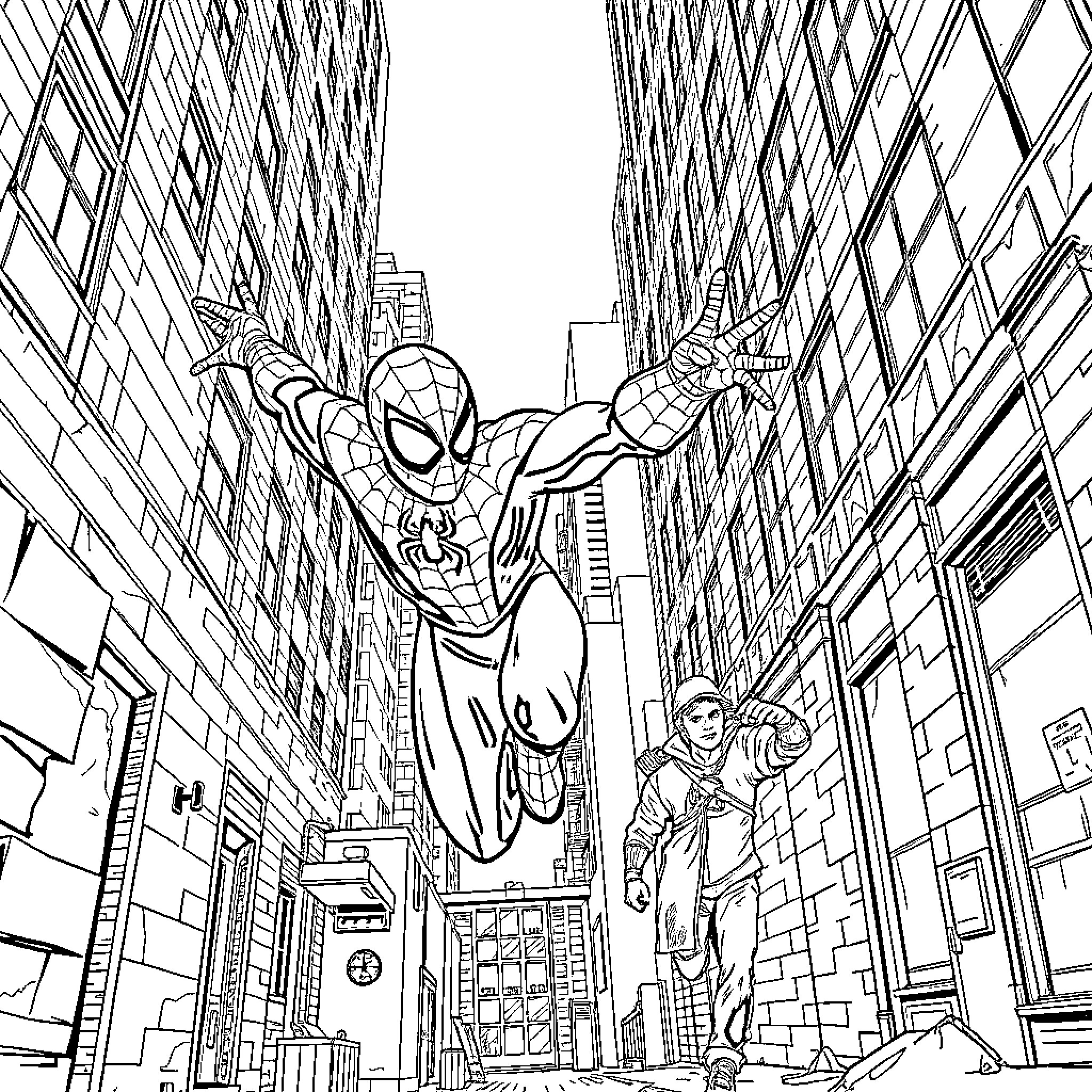 Spiderman swinging through the city streets Coloring Page (free black-and-white line drawing printable PDF for all, from beginners to advanced learners, including children, teens, adults, and seniors)