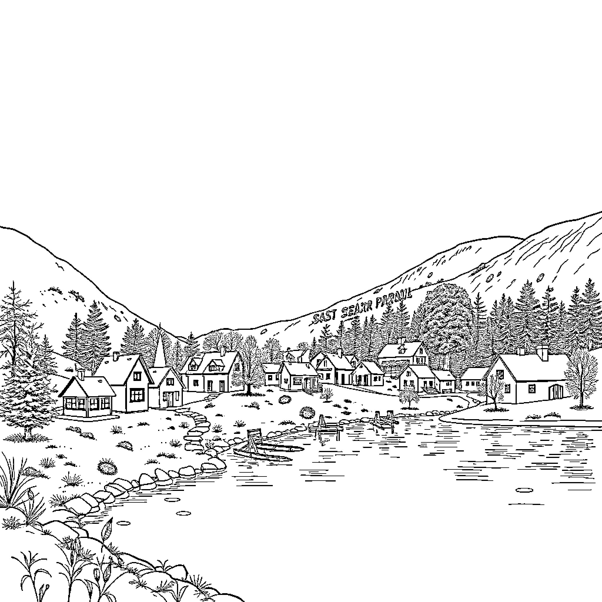 Village Nestled in Picturesque Mountain Landscape Coloring Page (free black-and-white line drawing printable PDF for all, from beginners to advanced learners, including children, teens, adults, and seniors)