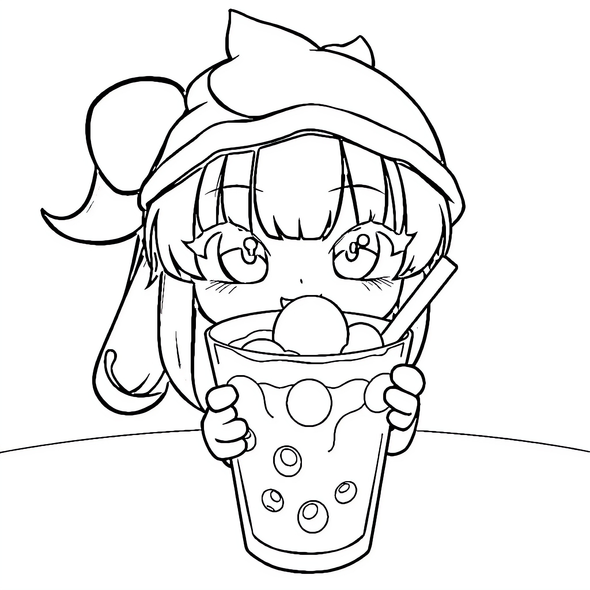 Kuromi enjoying a refreshing beverage Coloring Page (free black-and-white line drawing printable PDF for all, from beginners to advanced learners, including children, teens, adults, and seniors)