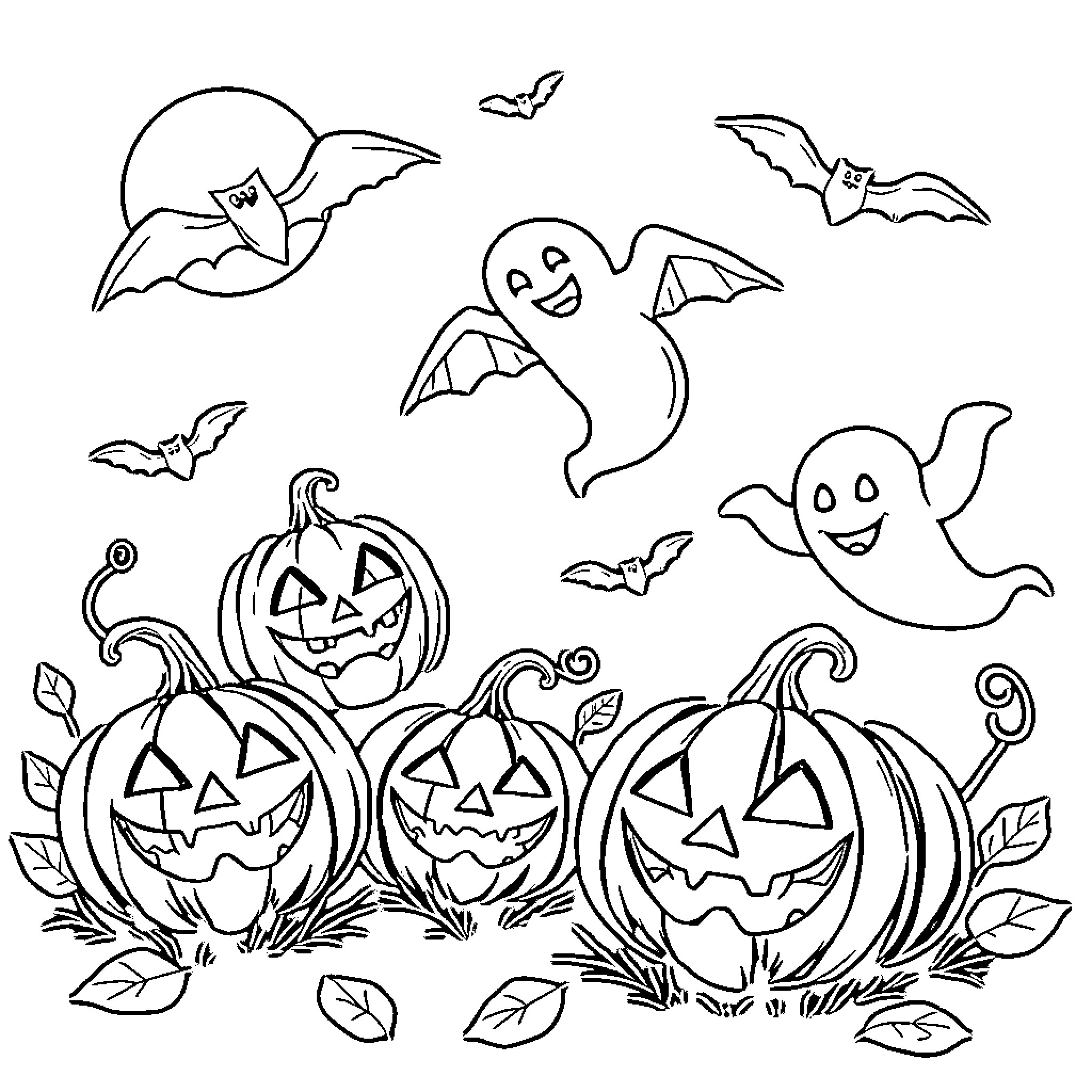 Jack-o'-lanterns and ghostly friends in a spooky autumn scene Coloring Page (free black-and-white line drawing printable PDF for all, from beginners to advanced learners, including children, teens, adults, and seniors)