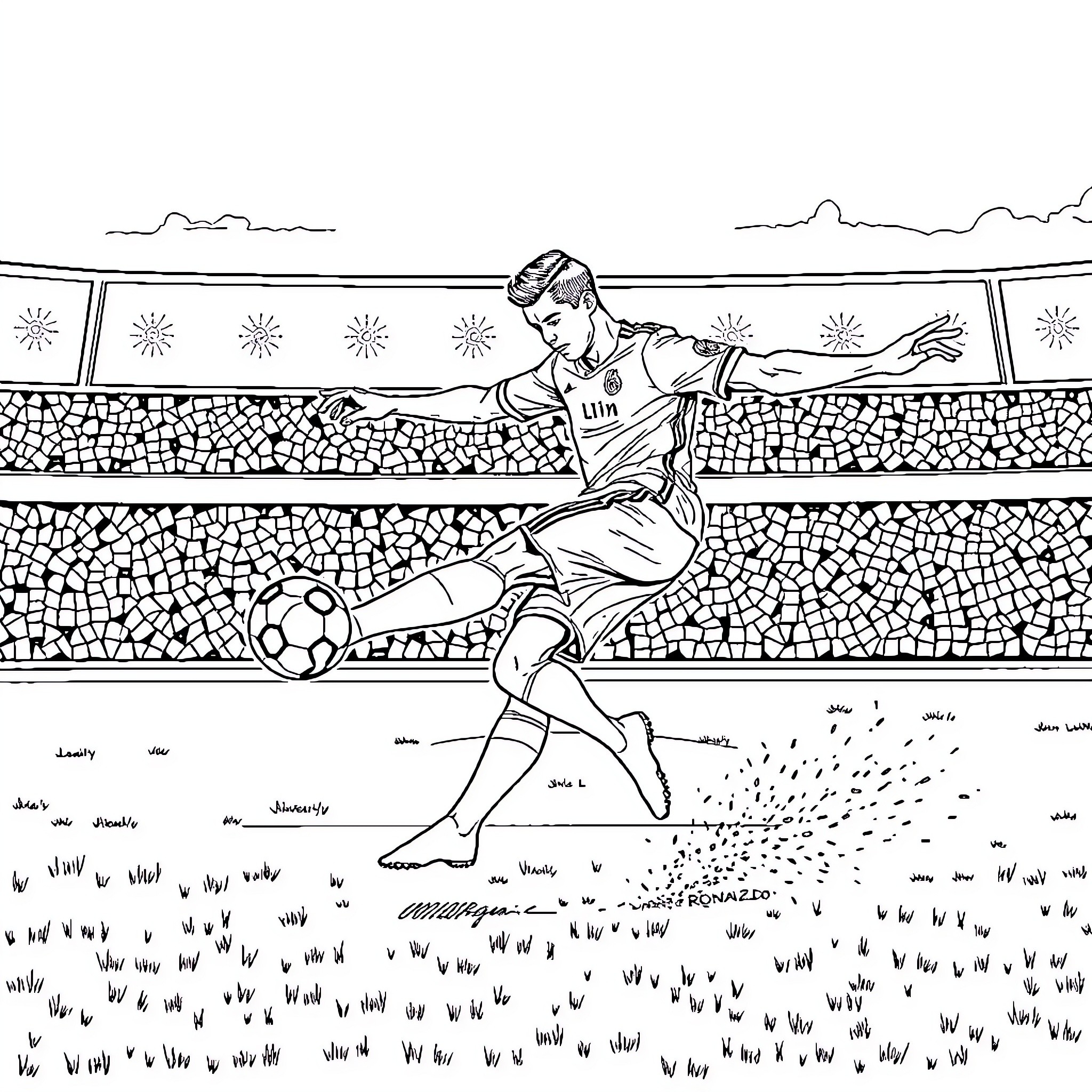 Cristiano Ronaldo kicking a soccer ball on the field Coloring Page (free black-and-white line drawing printable PDF for all, from beginners to advanced learners, including children, teens, adults, and seniors)