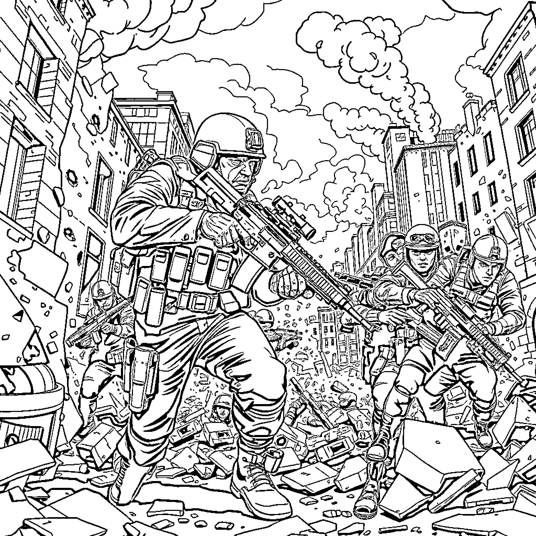 Soldier's Battle in Chaotic Urban Conflict Coloring Page (free black-and-white line drawing printable PDF for all, from beginners to advanced learners, including children, teens, adults, and seniors)