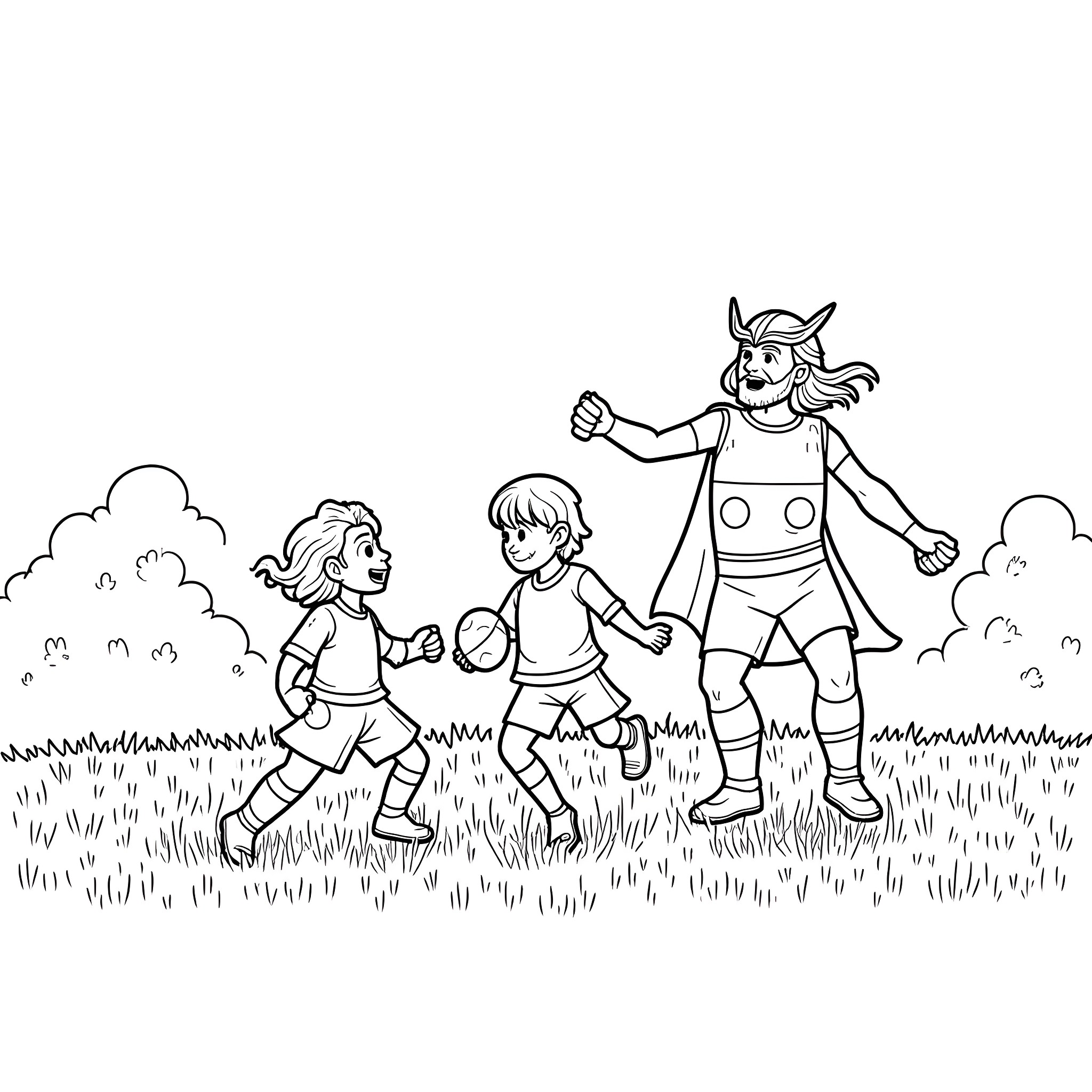 Thor and children playing happily in a field Coloring Page (free black-and-white line drawing printable PDF for all, from beginners to advanced learners, including children, teens, adults, and seniors)