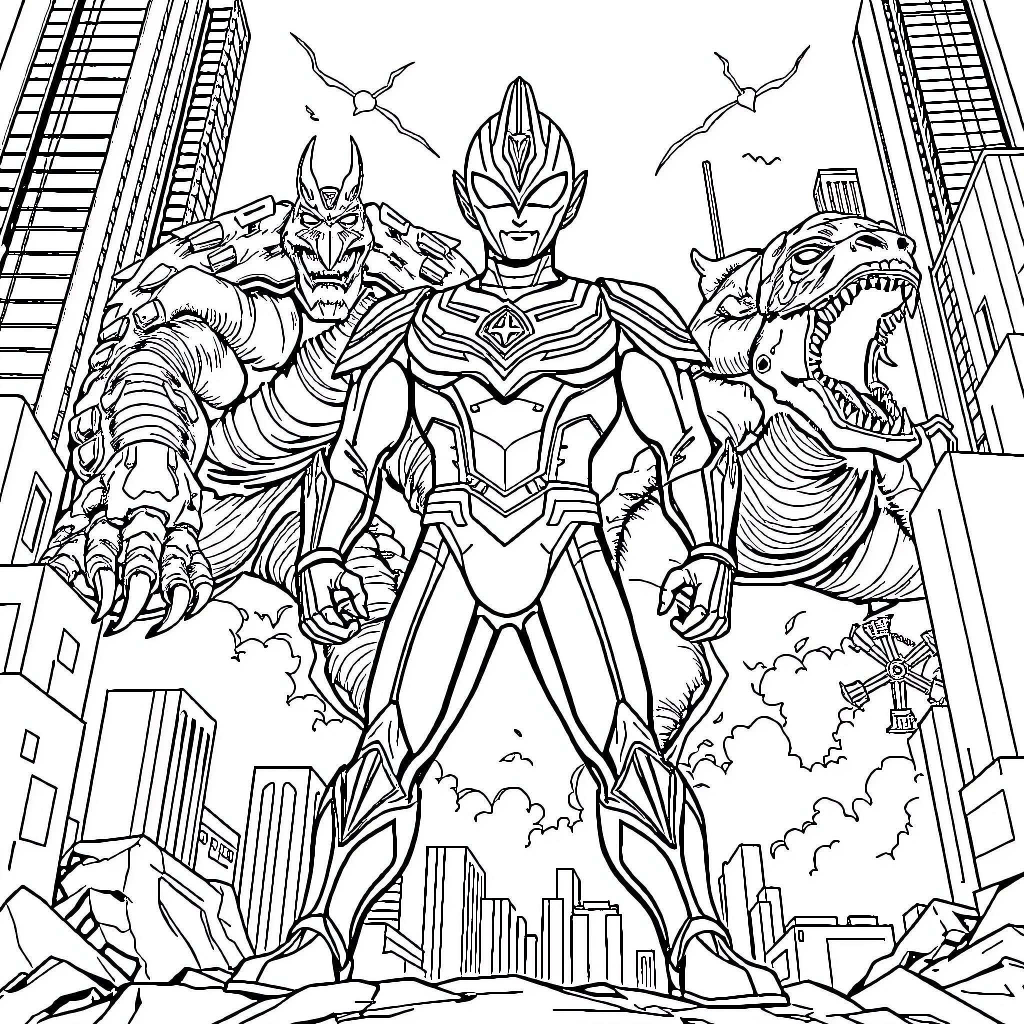 Ultraman Heroic Defenders Amid Urban Chaos Coloring Page (free black-and-white line drawing printable PDF for all, from beginners to advanced learners, including children, teens, adults, and seniors)