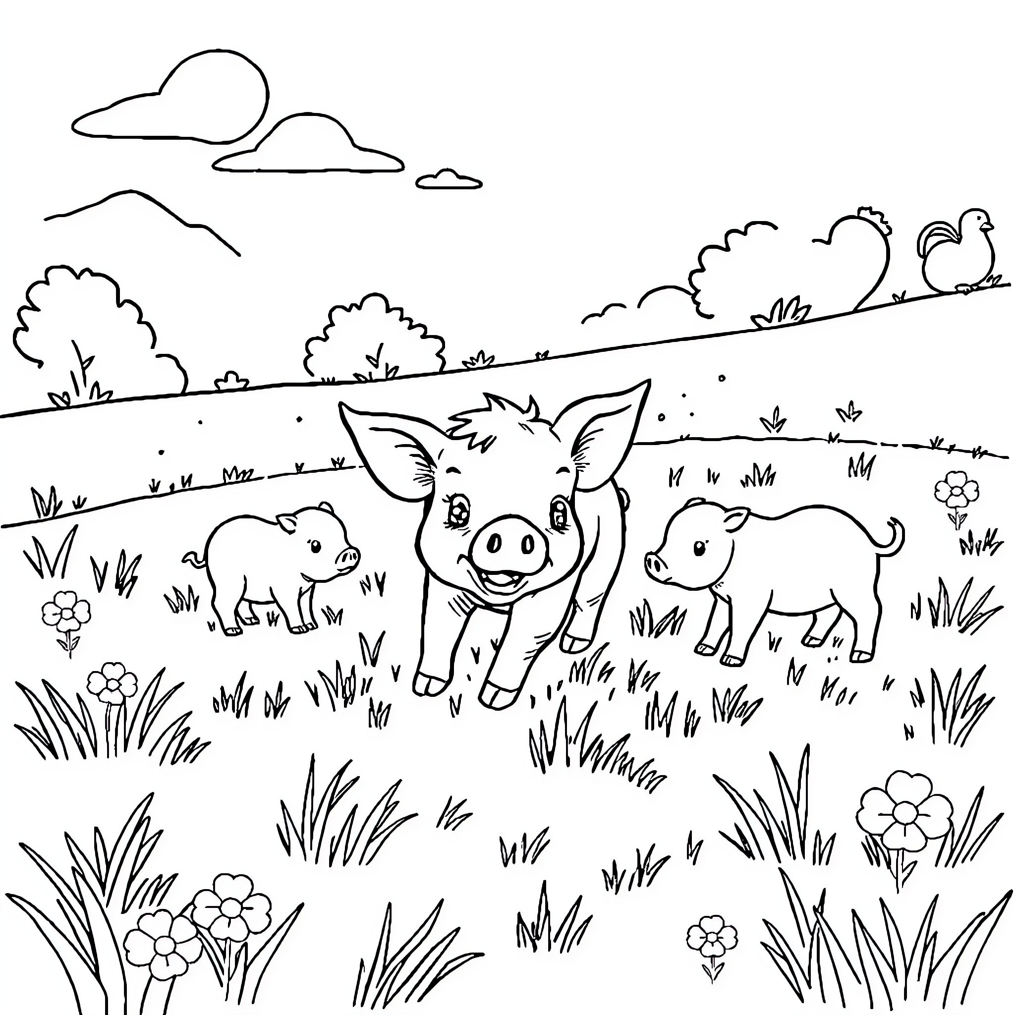 Piglet farm animals playing in lush meadow Coloring Page (free black-and-white line drawing printable PDF for all, from beginners to advanced learners, including children, teens, adults, and seniors)