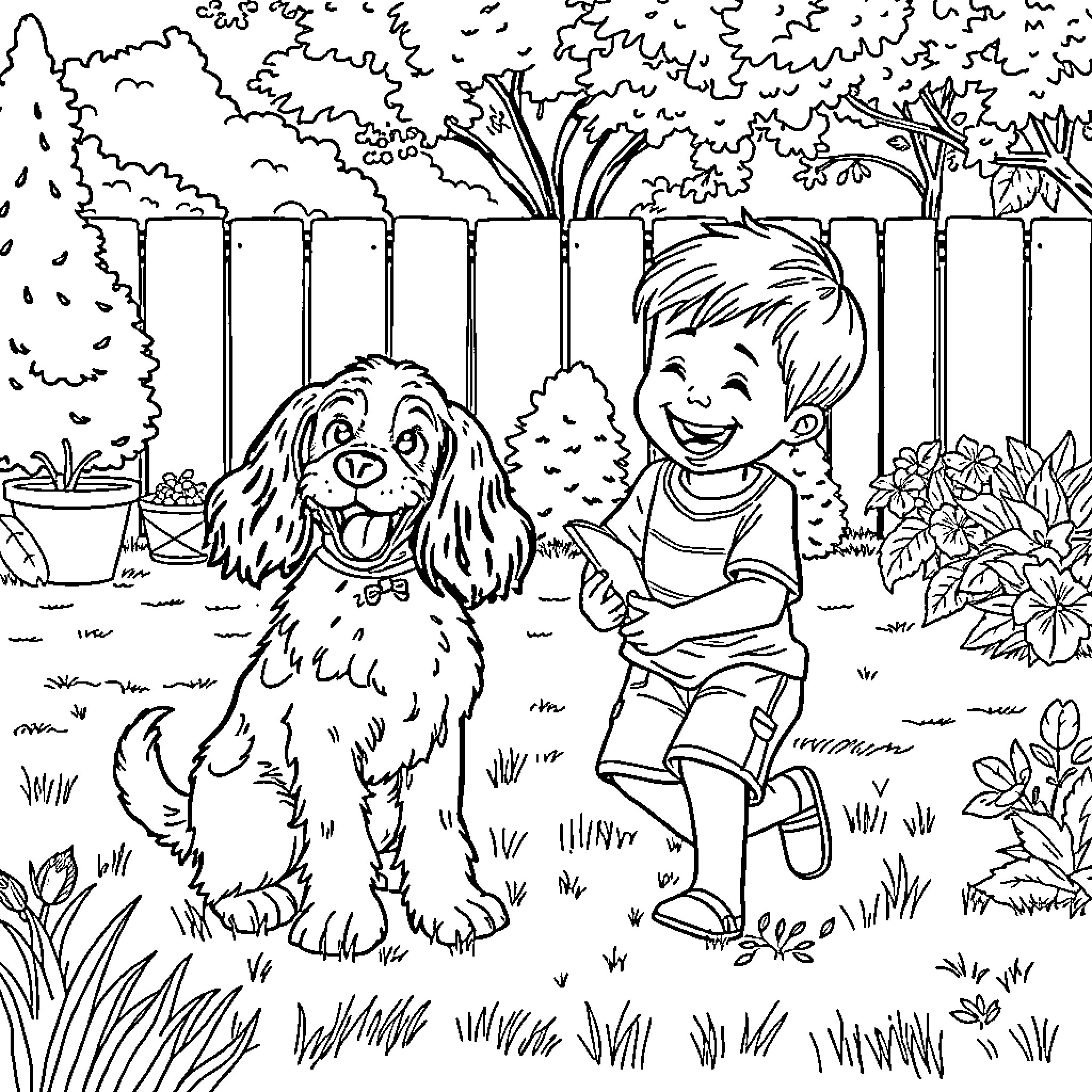 Boy playing happily with pet dog in garden Coloring Page (free black-and-white line drawing printable PDF for all, from beginners to advanced learners, including children, teens, adults, and seniors)