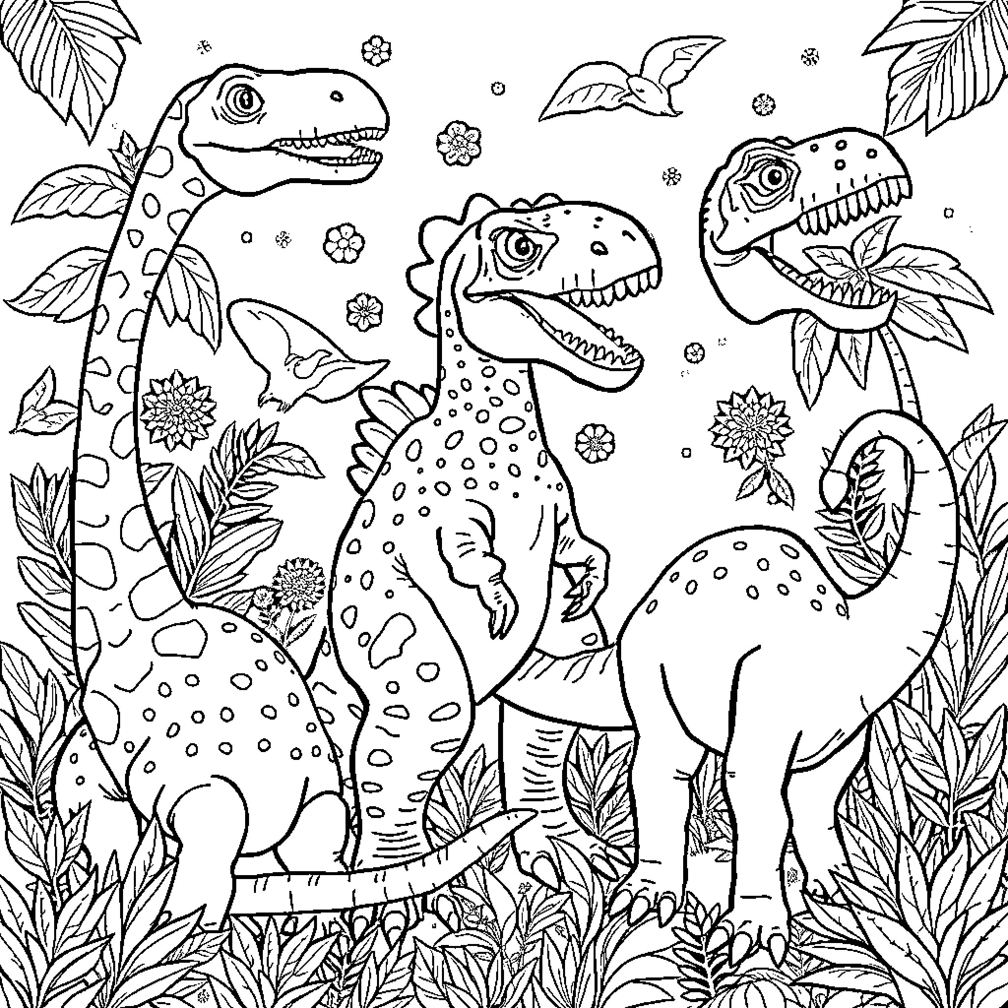 Dinosaurs Frolicking in a Vibrant Botanical Landscape Coloring Page (free black-and-white line drawing printable PDF for all, from beginners to advanced learners, including children, teens, adults, and seniors)