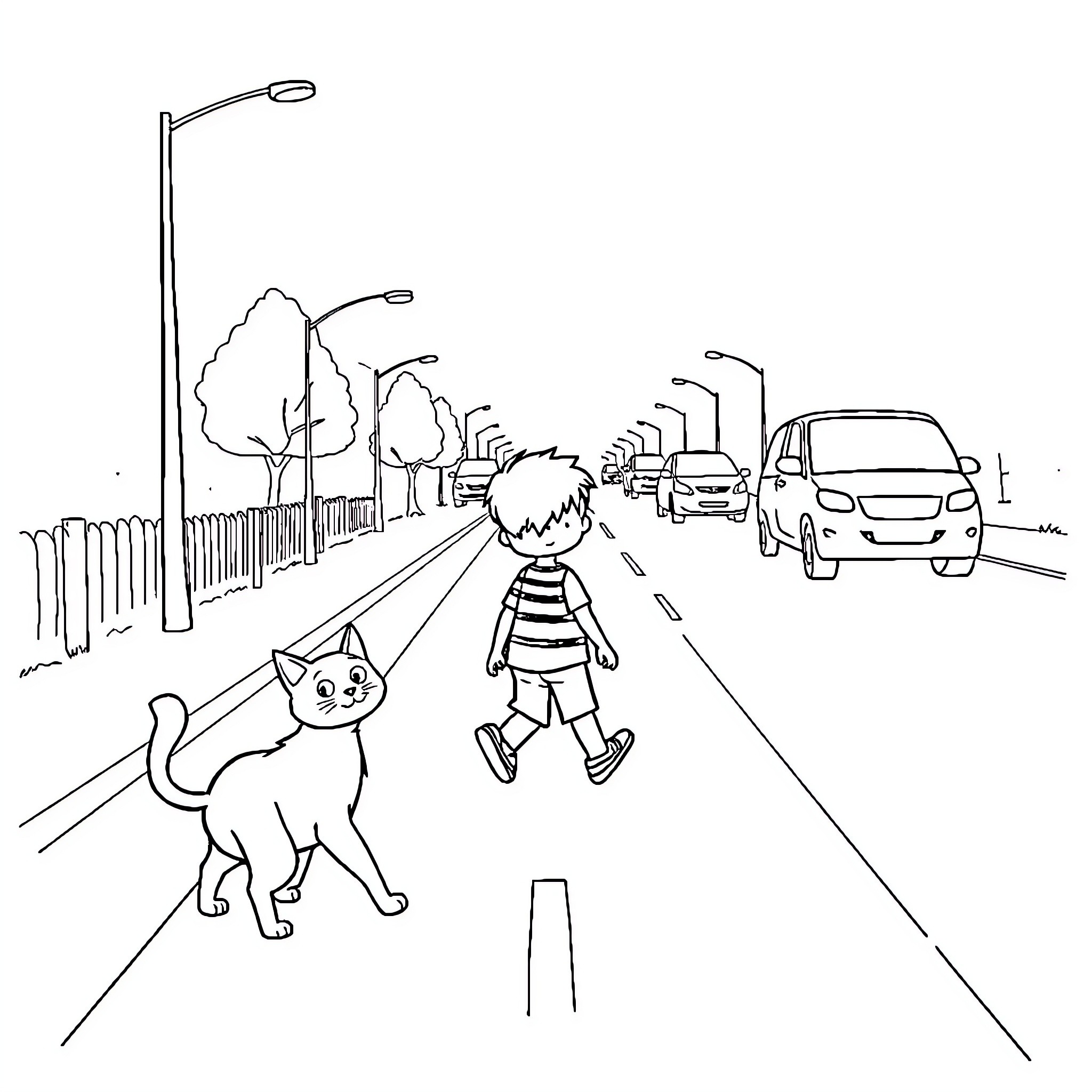 Boy walking his cat down the street Coloring Page (free black-and-white line drawing printable PDF for all, from beginners to advanced learners, including children, teens, adults, and seniors)