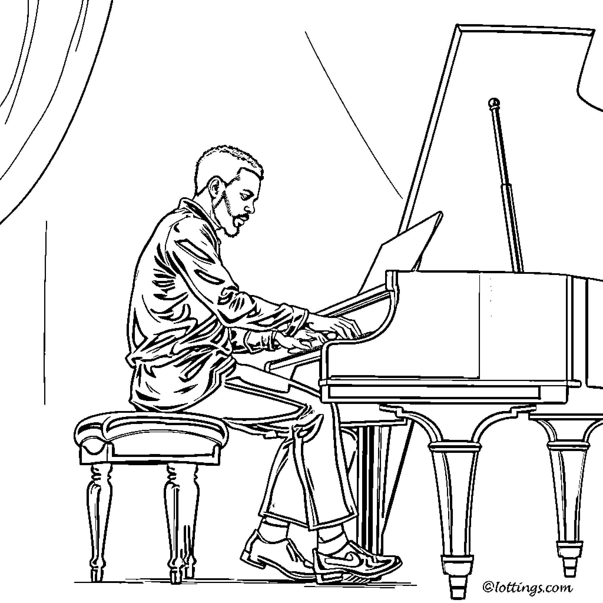 Stephen Curry playing piano on stage Coloring Page (free black-and-white line drawing printable PDF for all, from beginners to advanced learners, including children, teens, adults, and seniors)
