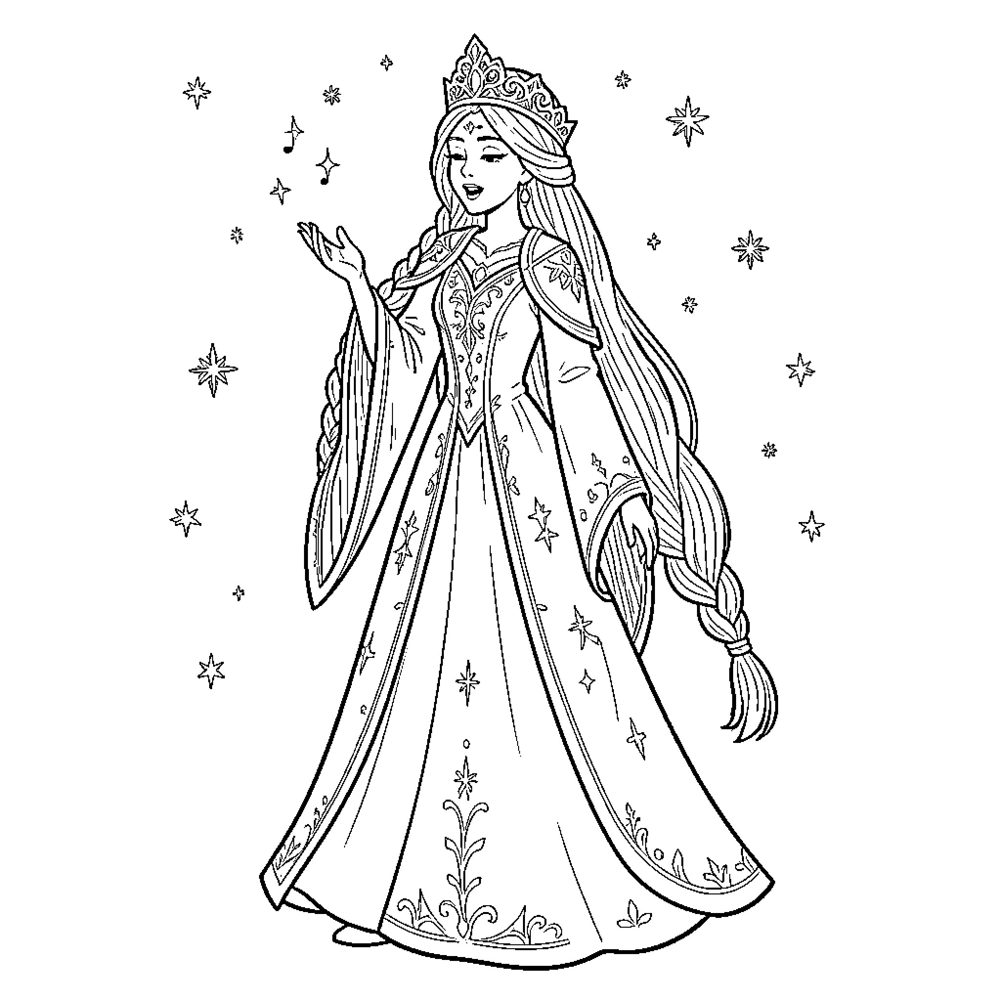 Snow Queen casting magic amidst floating stars Coloring Page (free black-and-white line drawing printable PDF for all, from beginners to advanced learners, including children, teens, adults, and seniors)