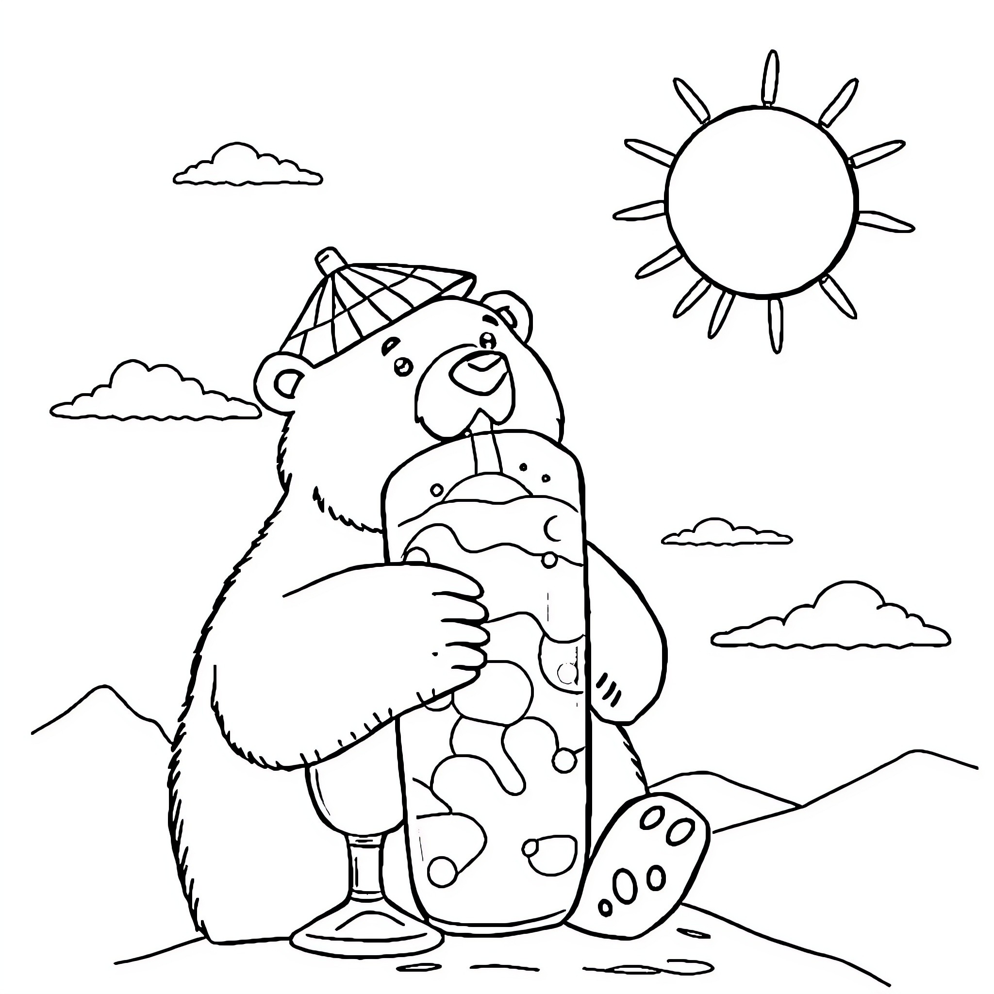 Polar Bear enjoying a refreshing treat on a sunny day Coloring Page (free black-and-white line drawing printable PDF for all, from beginners to advanced learners, including children, teens, adults, and seniors)