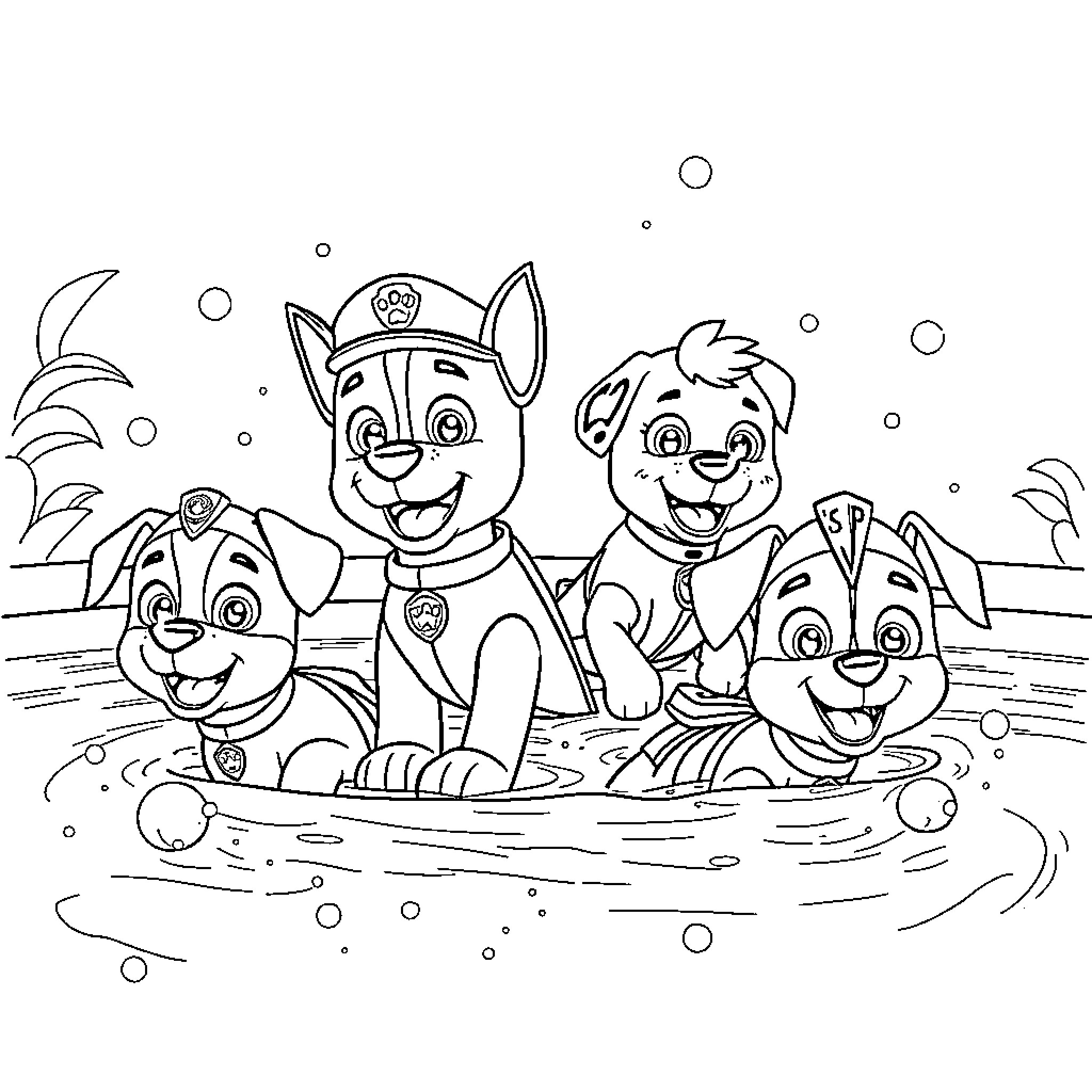 Paw Patrol playing and exploring in the water Coloring Page (free black-and-white line drawing printable PDF for all, from beginners to advanced learners, including children, teens, adults, and seniors)