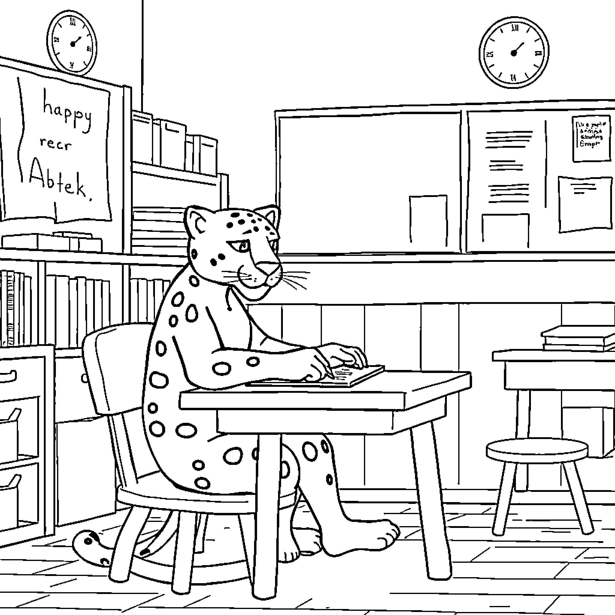 Panther Working Diligently in the Office Coloring Page (free black-and-white line drawing printable PDF for all, from beginners to advanced learners, including children, teens, adults, and seniors)