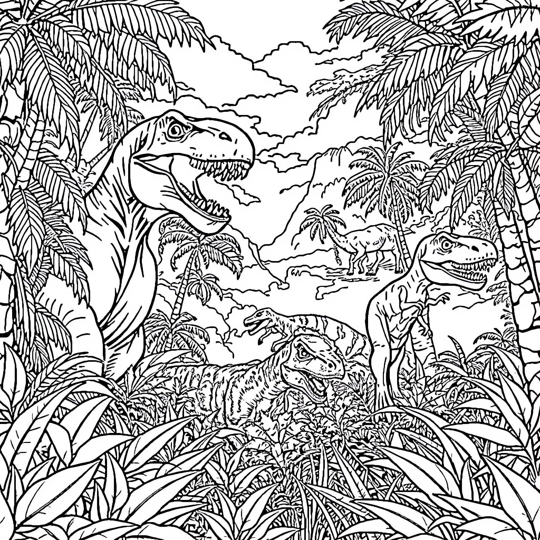 Dinosaurs in a Prehistoric Jungle Landscape Coloring Page (free black-and-white line drawing printable PDF for all, from beginners to advanced learners, including children, teens, adults, and seniors)