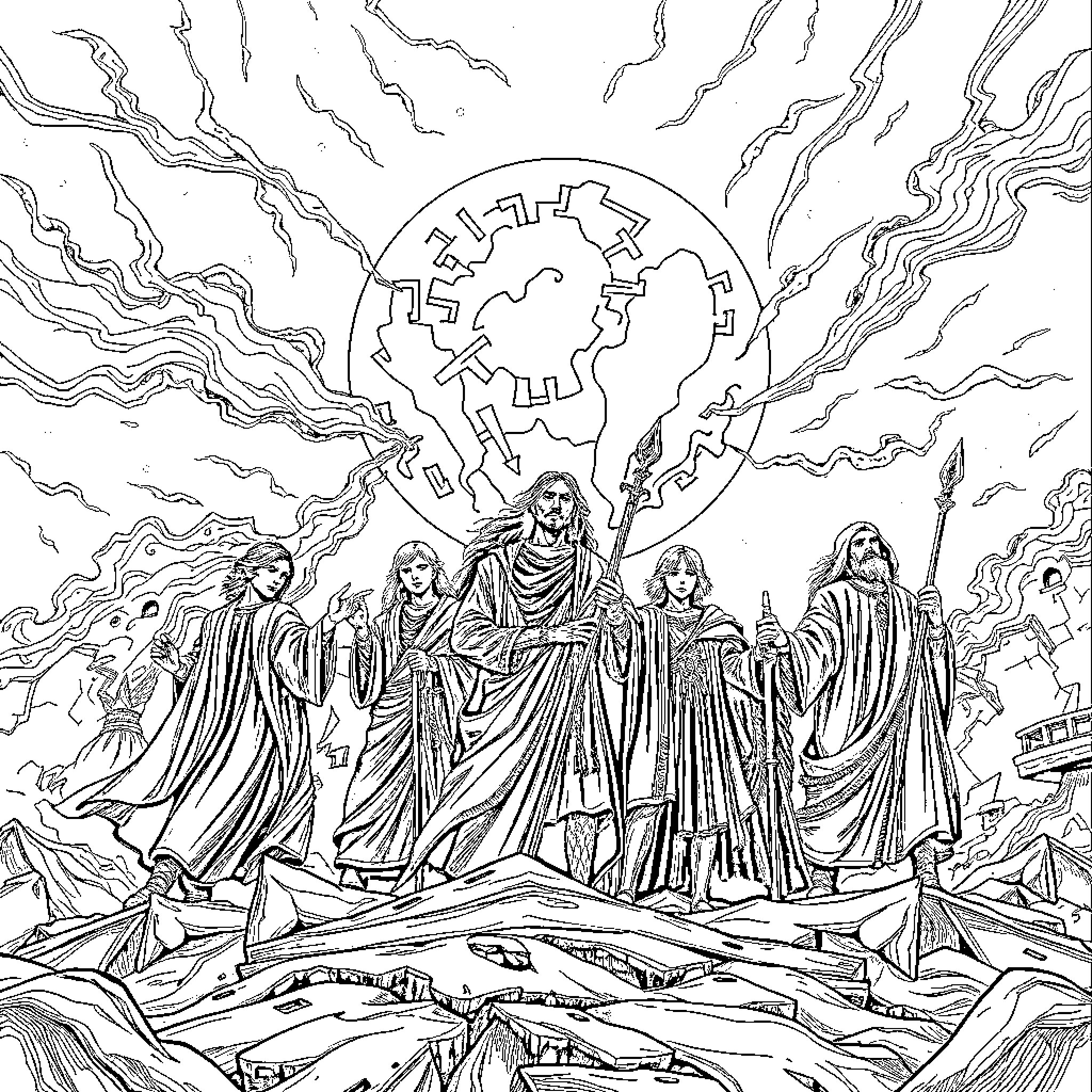 Album of Mysterious Figures in Dramatic Landscape Coloring Page (free black-and-white line drawing printable PDF for all, from beginners to advanced learners, including children, teens, adults, and seniors)