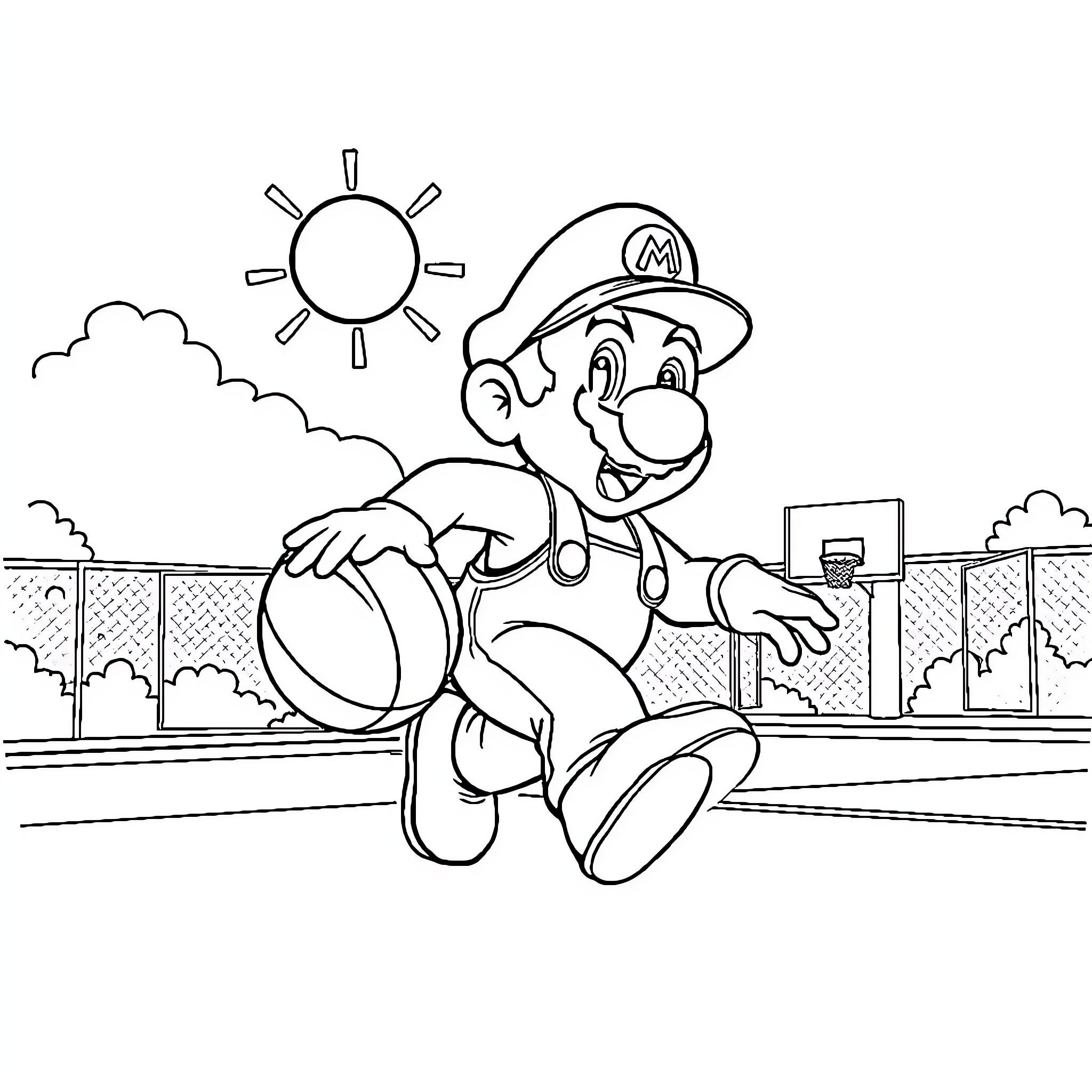 Mario Playing Happily on Basketball Court Coloring Page (free black-and-white line drawing printable PDF for all, from beginners to advanced learners, including children, teens, adults, and seniors)