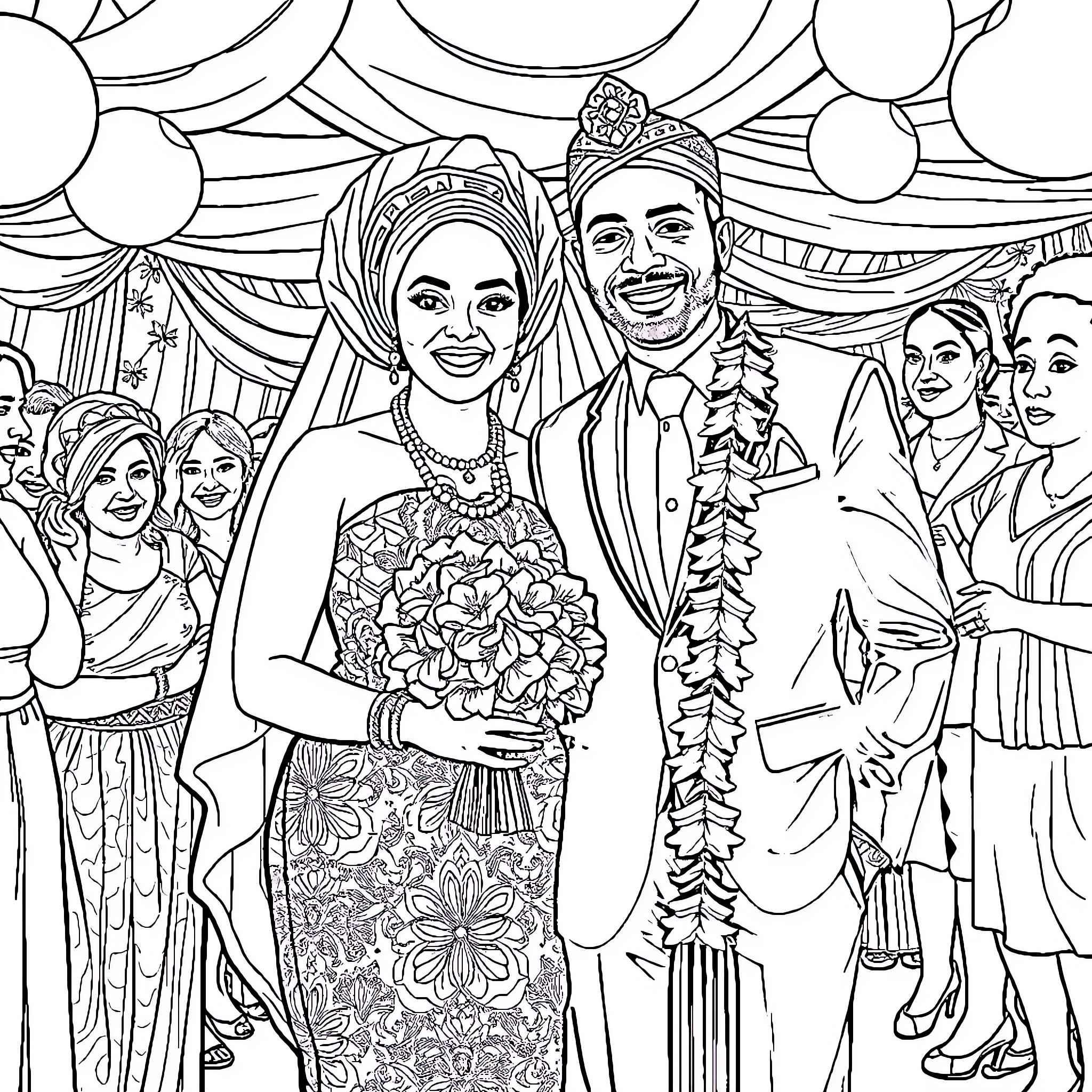 Wedding celebration with elegant attire and festivities Coloring Page (free black-and-white line drawing printable PDF for all, from beginners to advanced learners, including children, teens, adults, and seniors)