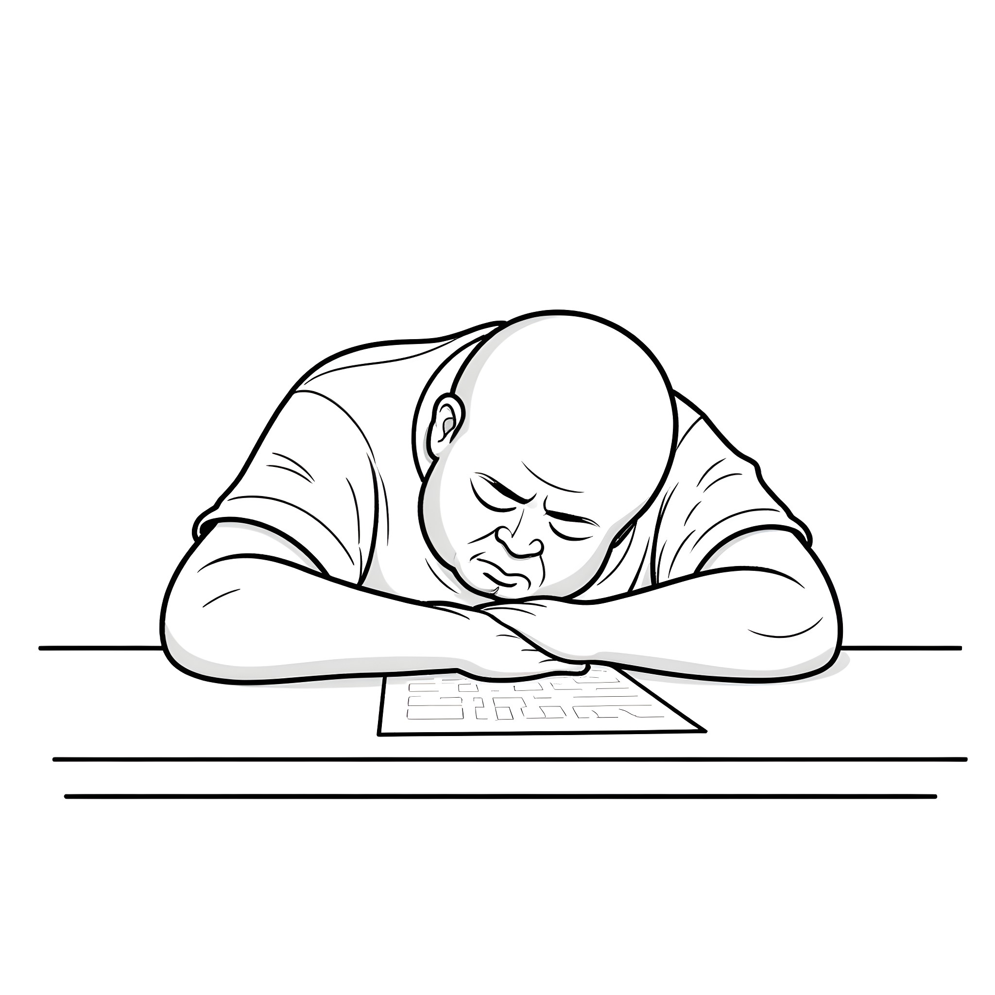 Man sleeping on desk while working Coloring Page (free black-and-white line drawing printable PDF for all, from beginners to advanced learners, including children, teens, adults, and seniors)