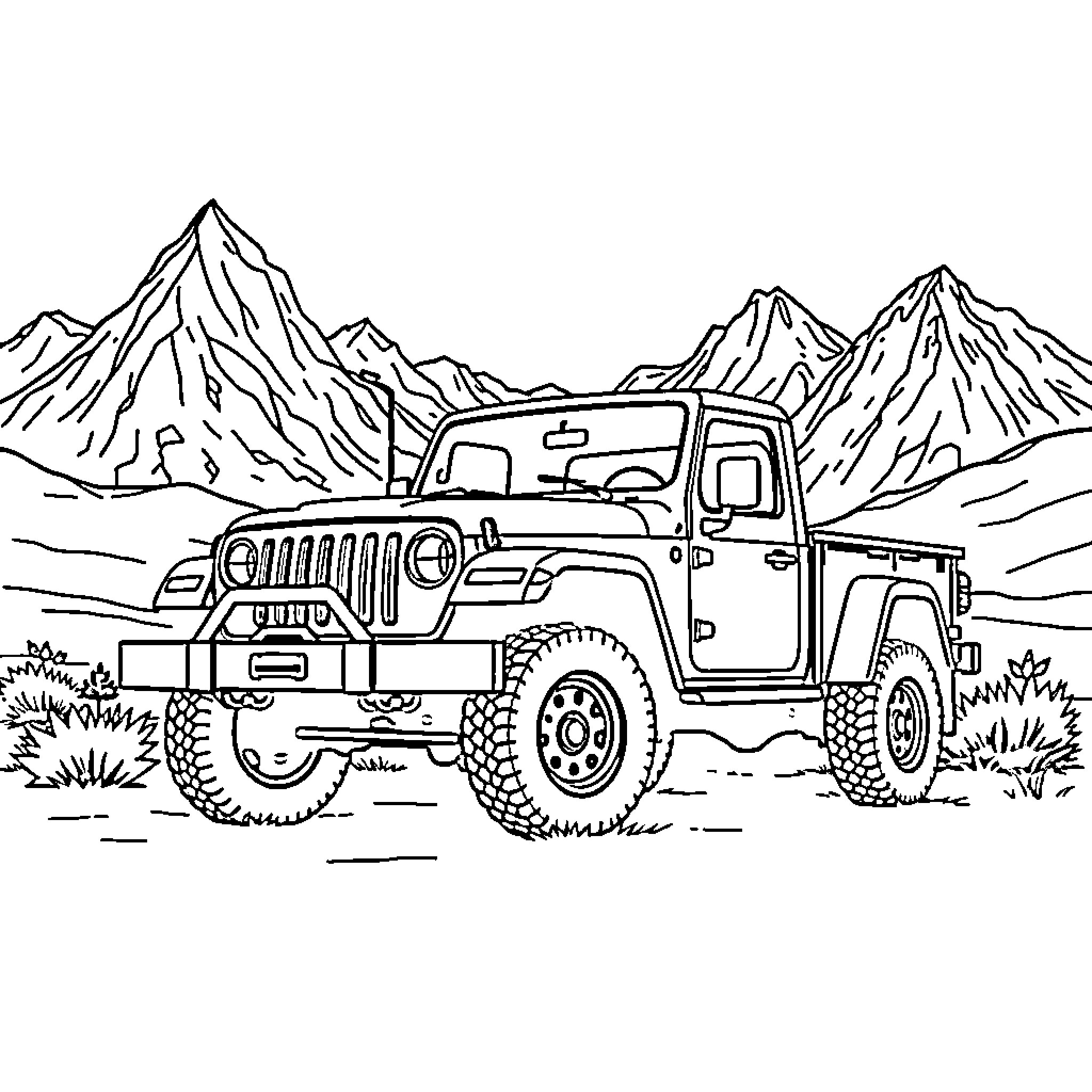 Dodge Power Wagon off-roading in the mountains Coloring Page (free black-and-white line drawing printable PDF for all, from beginners to advanced learners, including children, teens, adults, and seniors)