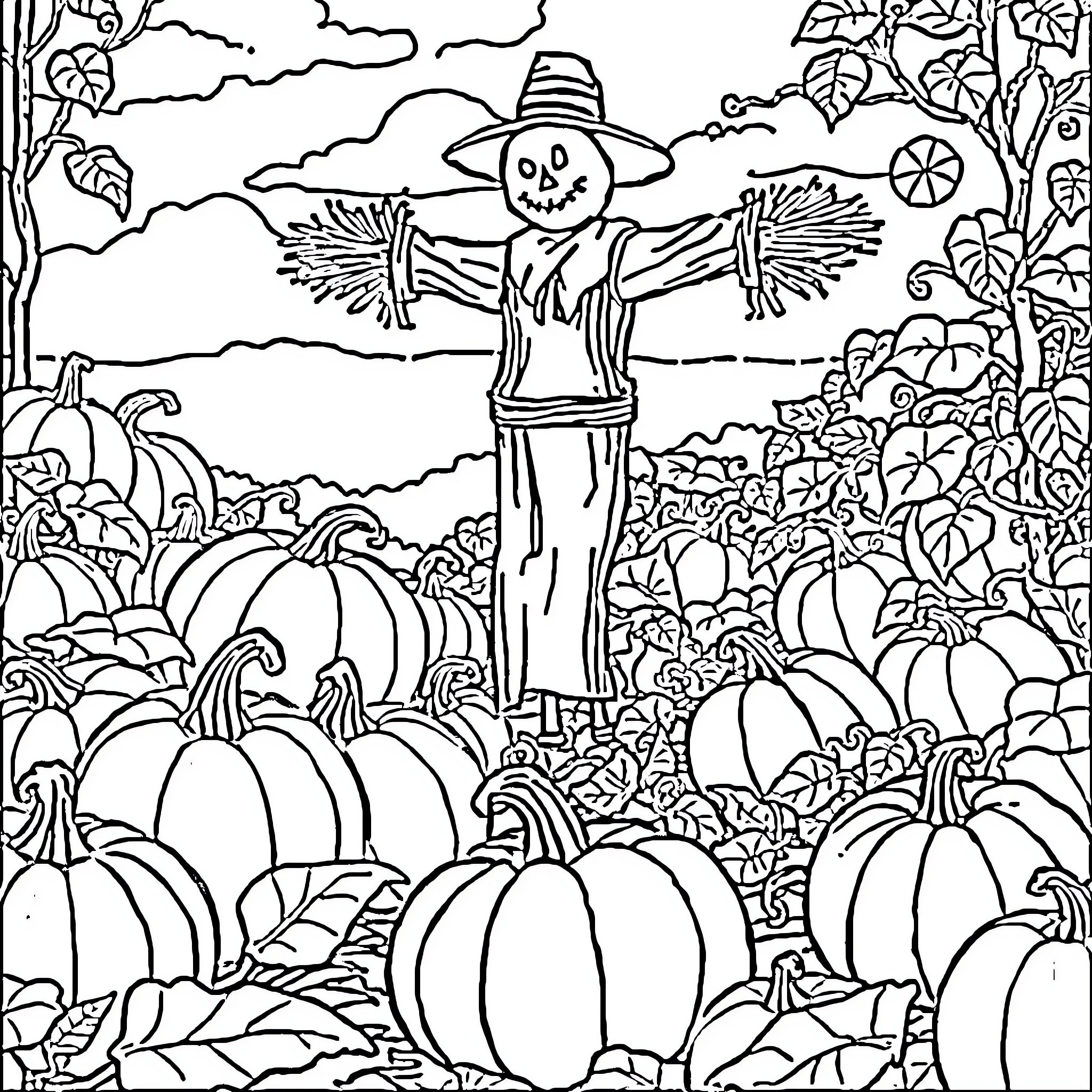 Pumpkin Patch with Scarecrow Overseer Coloring Page (free black-and-white line drawing printable PDF for all, from beginners to advanced learners, including children, teens, adults, and seniors)