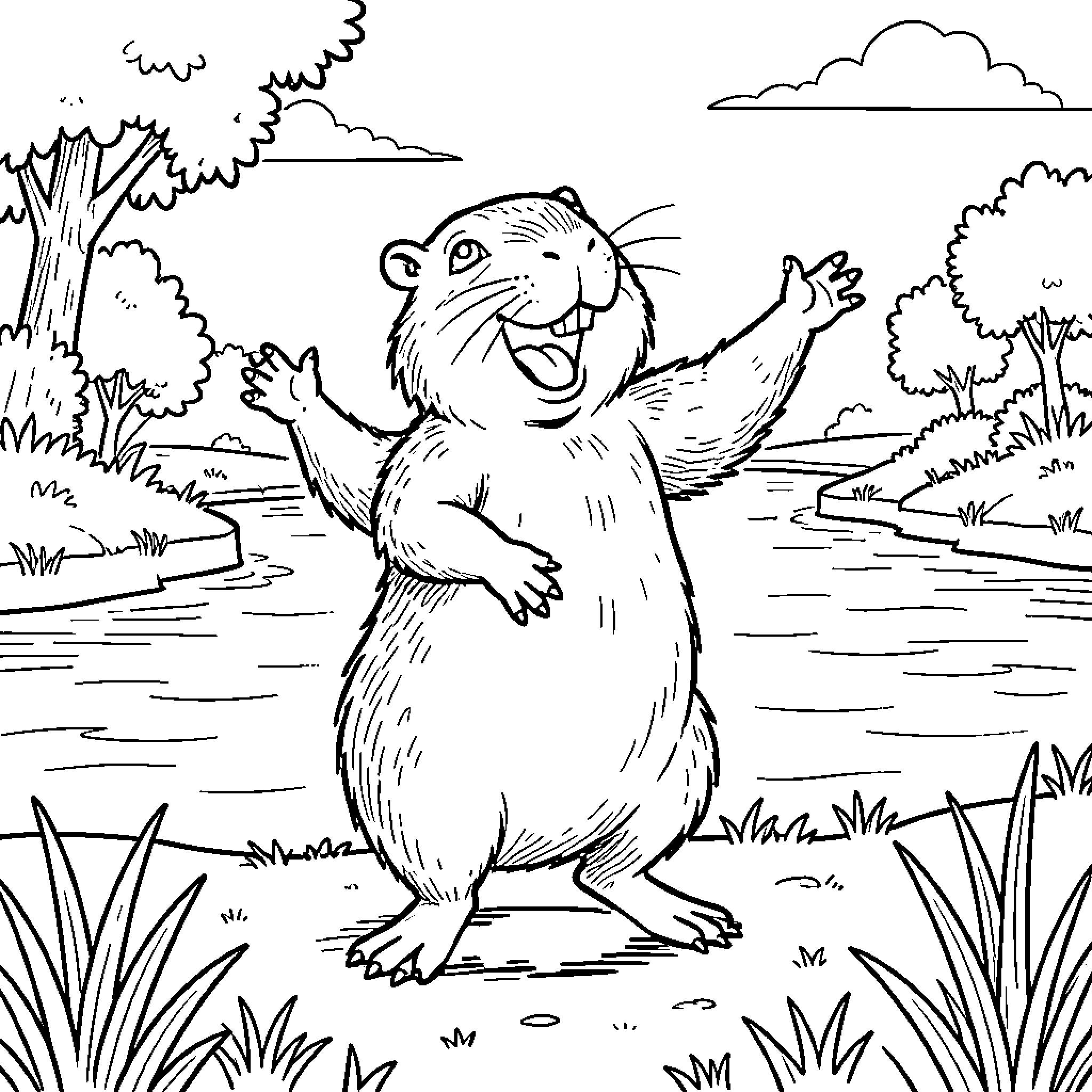 Capybara enjoying the outdoors happily Coloring Page (free black-and-white line drawing printable PDF for all, from beginners to advanced learners, including children, teens, adults, and seniors)