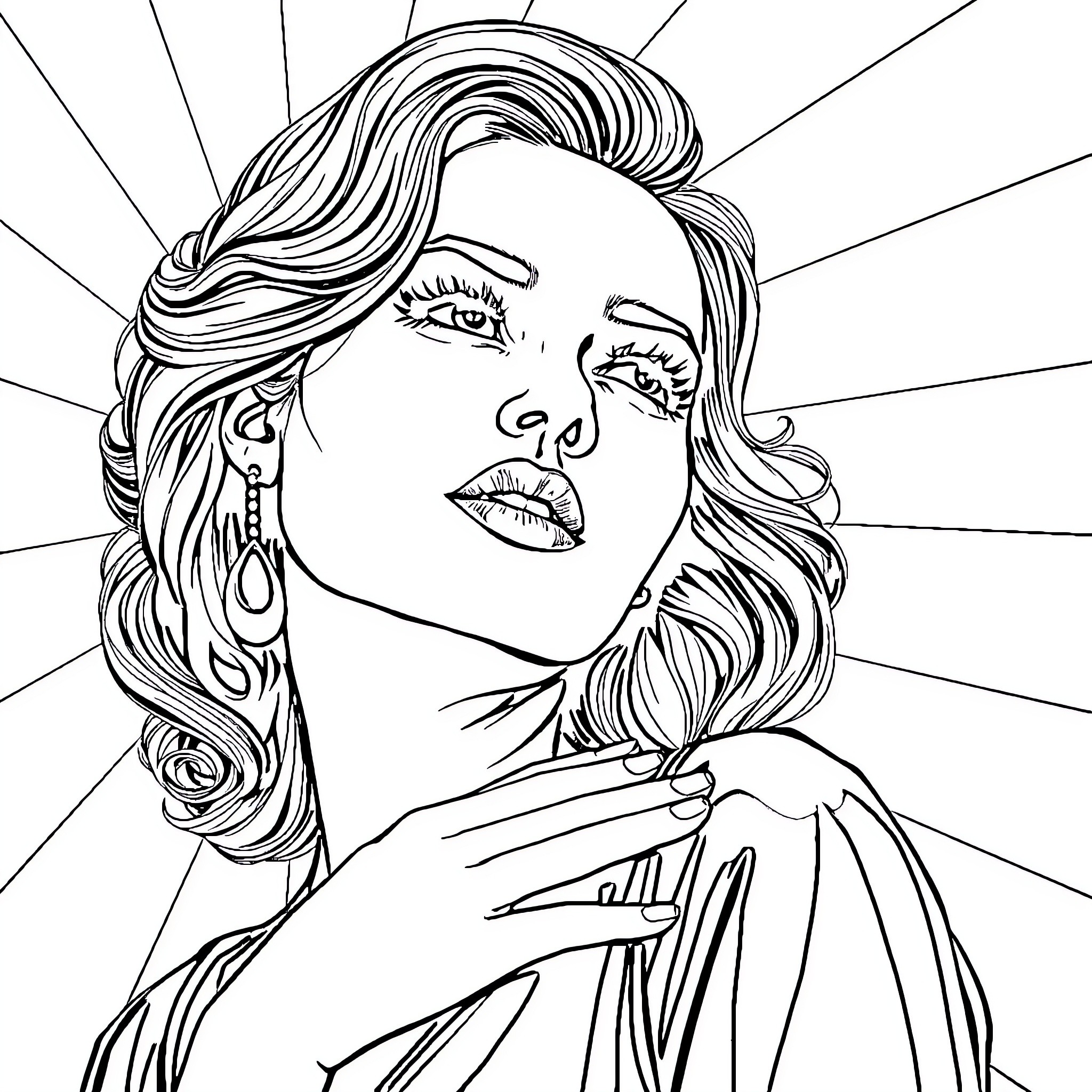 Woman with Elaborate Hairstyle and Thoughtful Expression Coloring Page (free black-and-white line drawing printable PDF for all, from beginners to advanced learners, including children, teens, adults, and seniors)