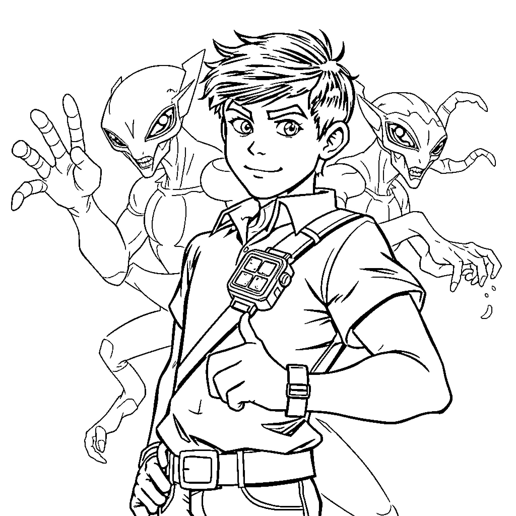 Ben10 in action with alien companions Coloring Page (free black-and-white line drawing printable PDF for all, from beginners to advanced learners, including children, teens, adults, and seniors)