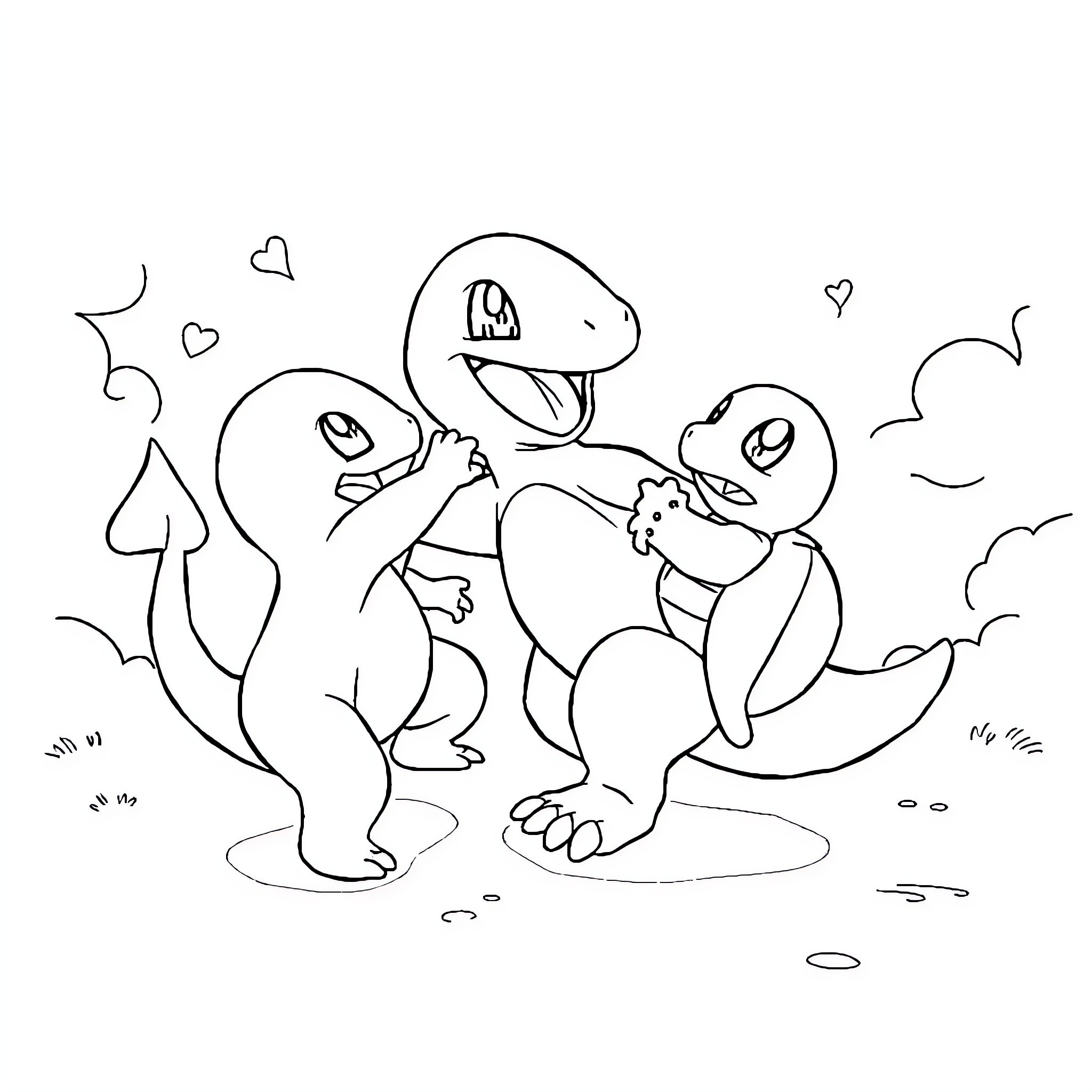 Charmander enjoying a playful moment with friends Coloring Page (free black-and-white line drawing printable PDF for all, from beginners to advanced learners, including children, teens, adults, and seniors)