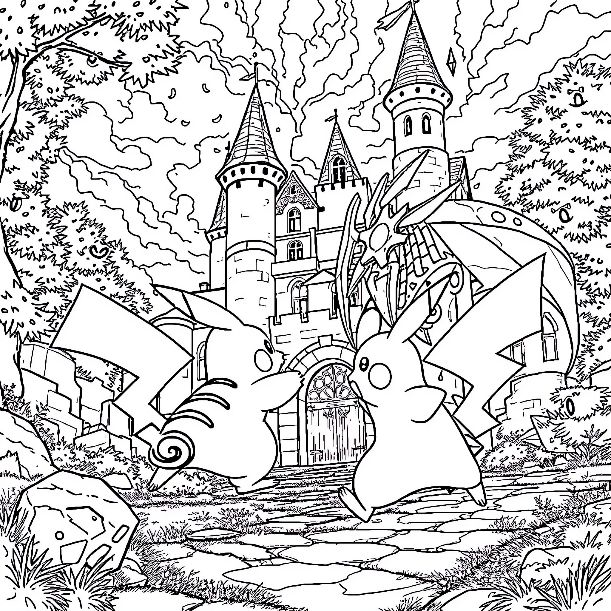 Pikachu exploring a magical castle landscape Coloring Page (free black-and-white line drawing printable PDF for all, from beginners to advanced learners, including children, teens, adults, and seniors)