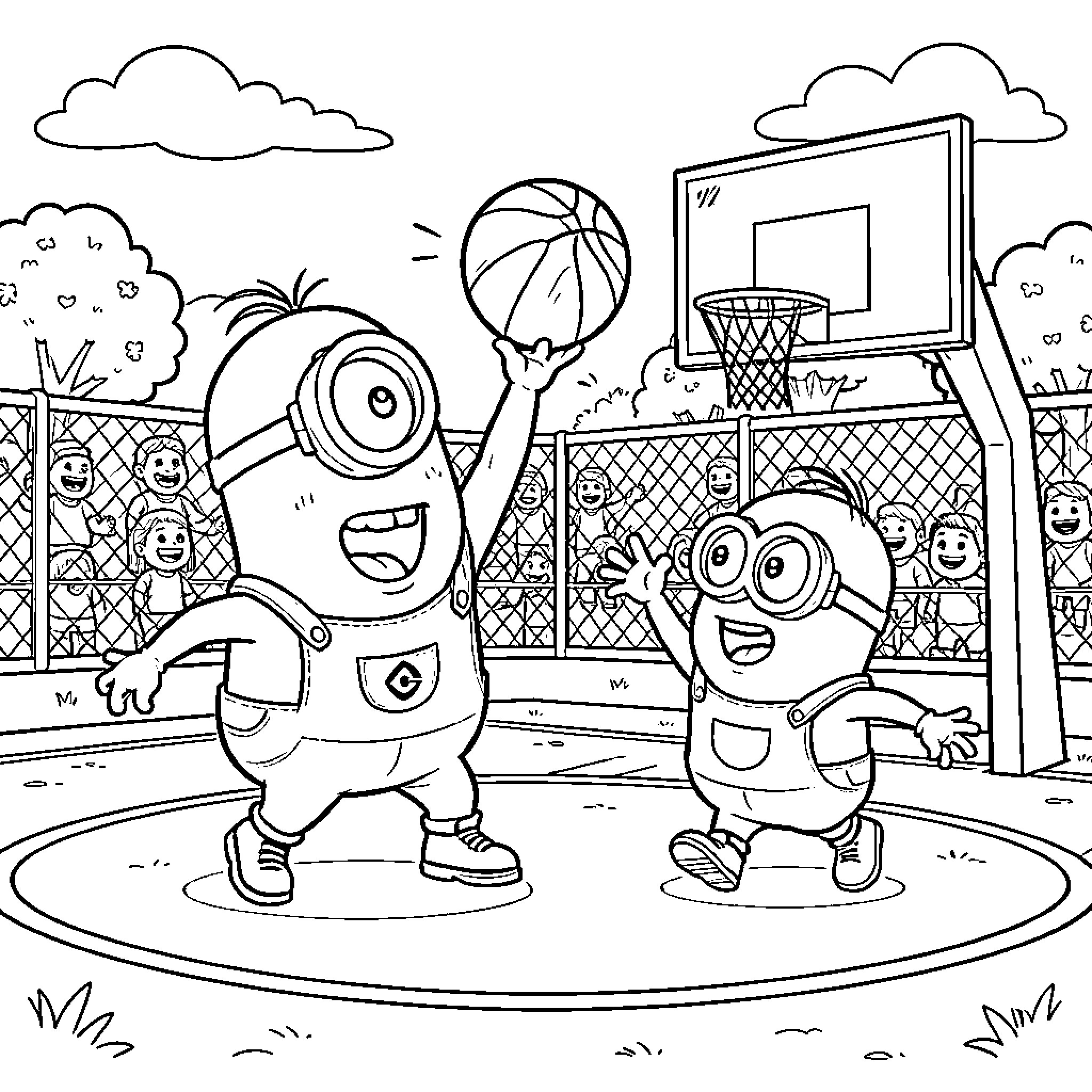 Minions Playing Basketball in the Park Coloring Page (free black-and-white line drawing printable PDF for all, from beginners to advanced learners, including children, teens, adults, and seniors)