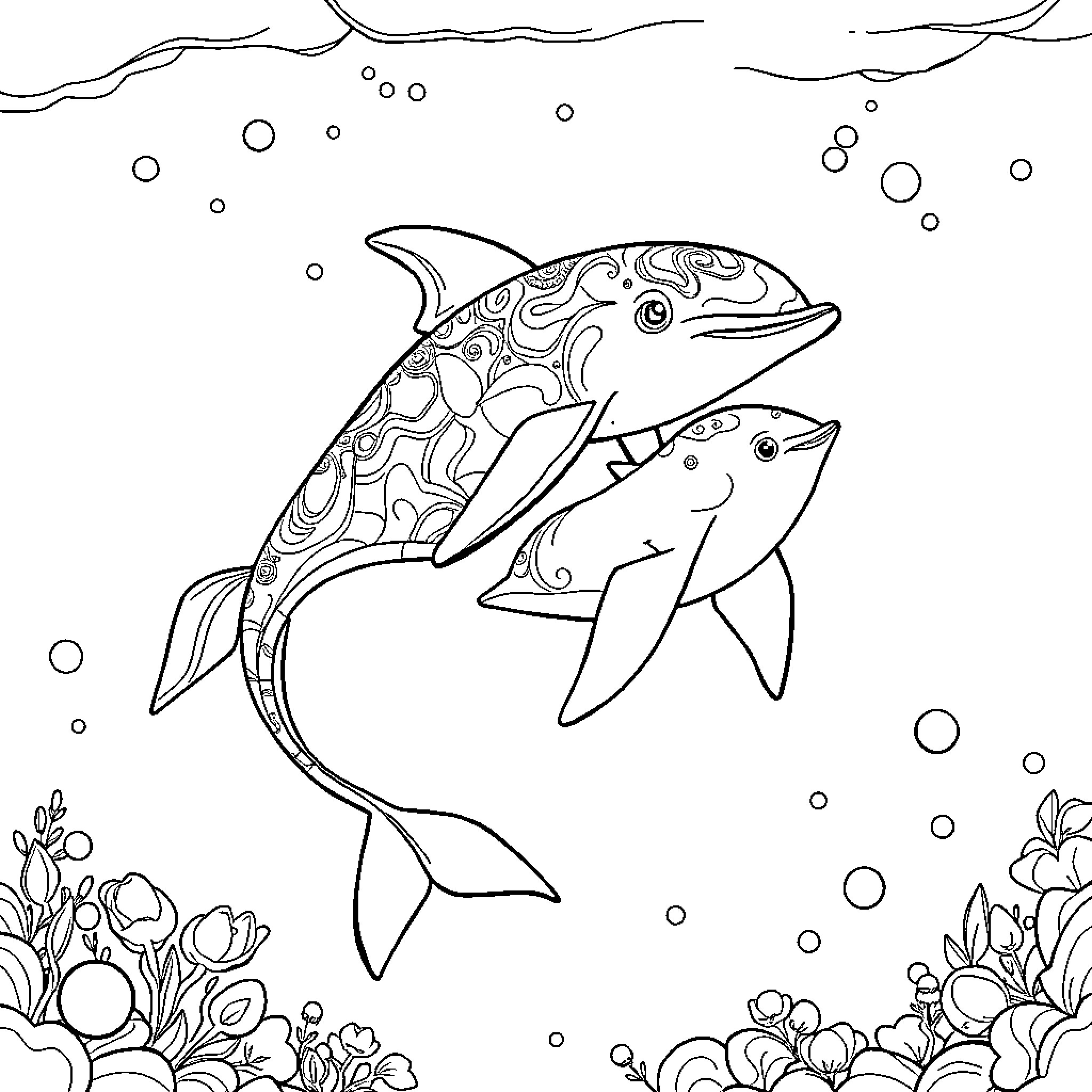 Whale Swimming with Underwater Plants Coloring Page (free black-and-white line drawing printable PDF for all, from beginners to advanced learners, including children, teens, adults, and seniors)