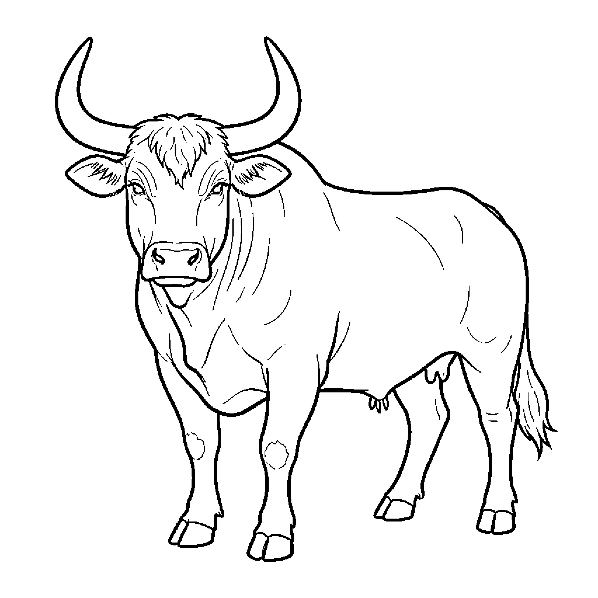 Bull standing calmly and looking at the viewer Coloring Page (free black-and-white line drawing printable PDF for all, from beginners to advanced learners, including children, teens, adults, and seniors)