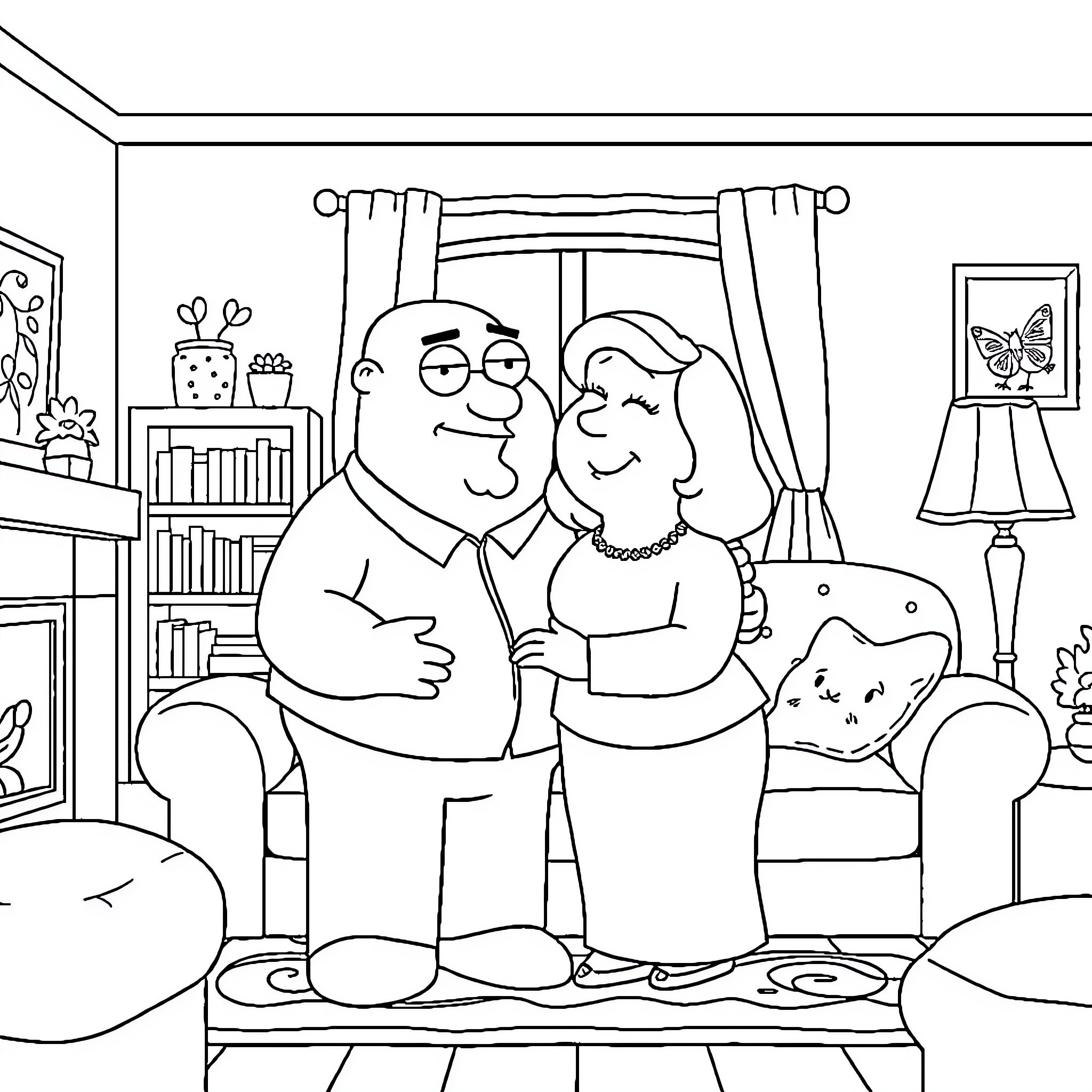 Peter Griffin and Lois in a cozy home setting Coloring Page (free black-and-white line drawing printable PDF for all, from beginners to advanced learners, including children, teens, adults, and seniors)