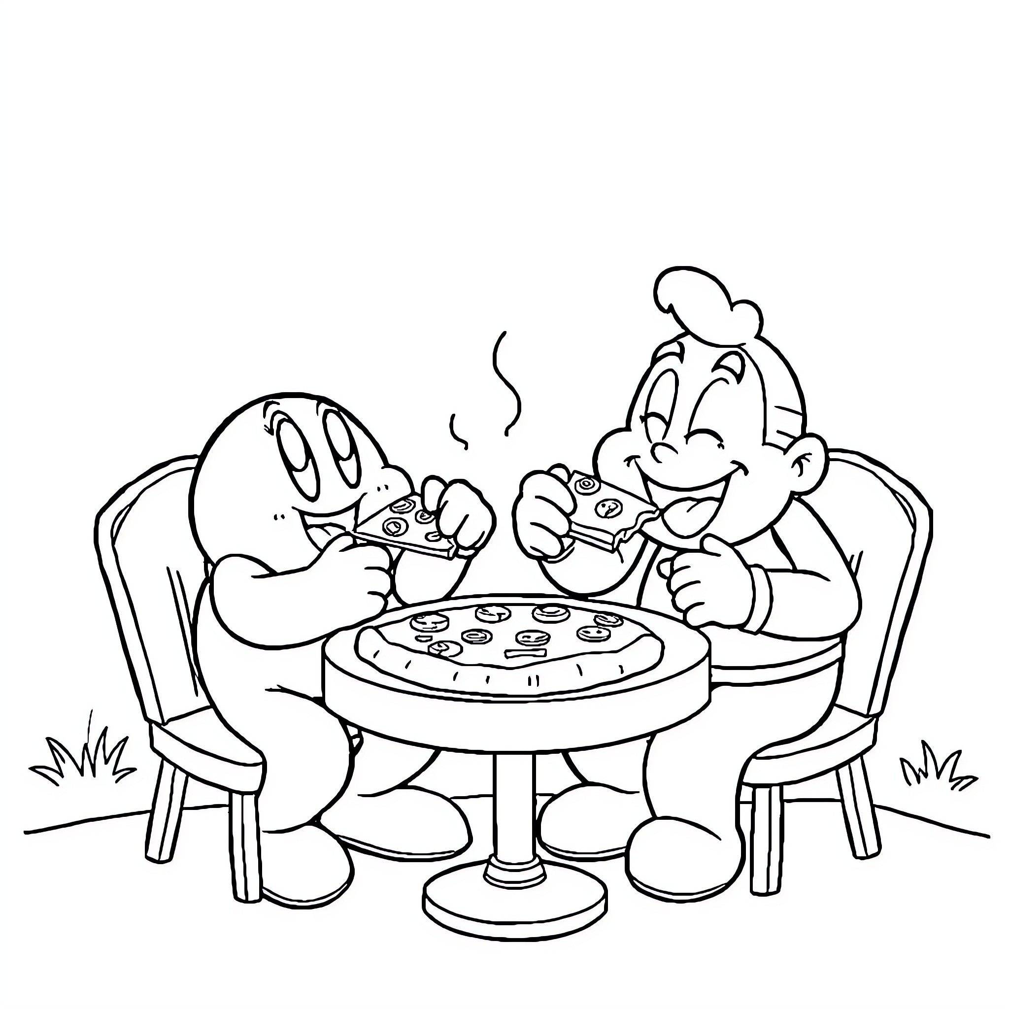 Kirby enjoying a friendly pizza party Coloring Page (free black-and-white line drawing printable PDF for all, from beginners to advanced learners, including children, teens, adults, and seniors)