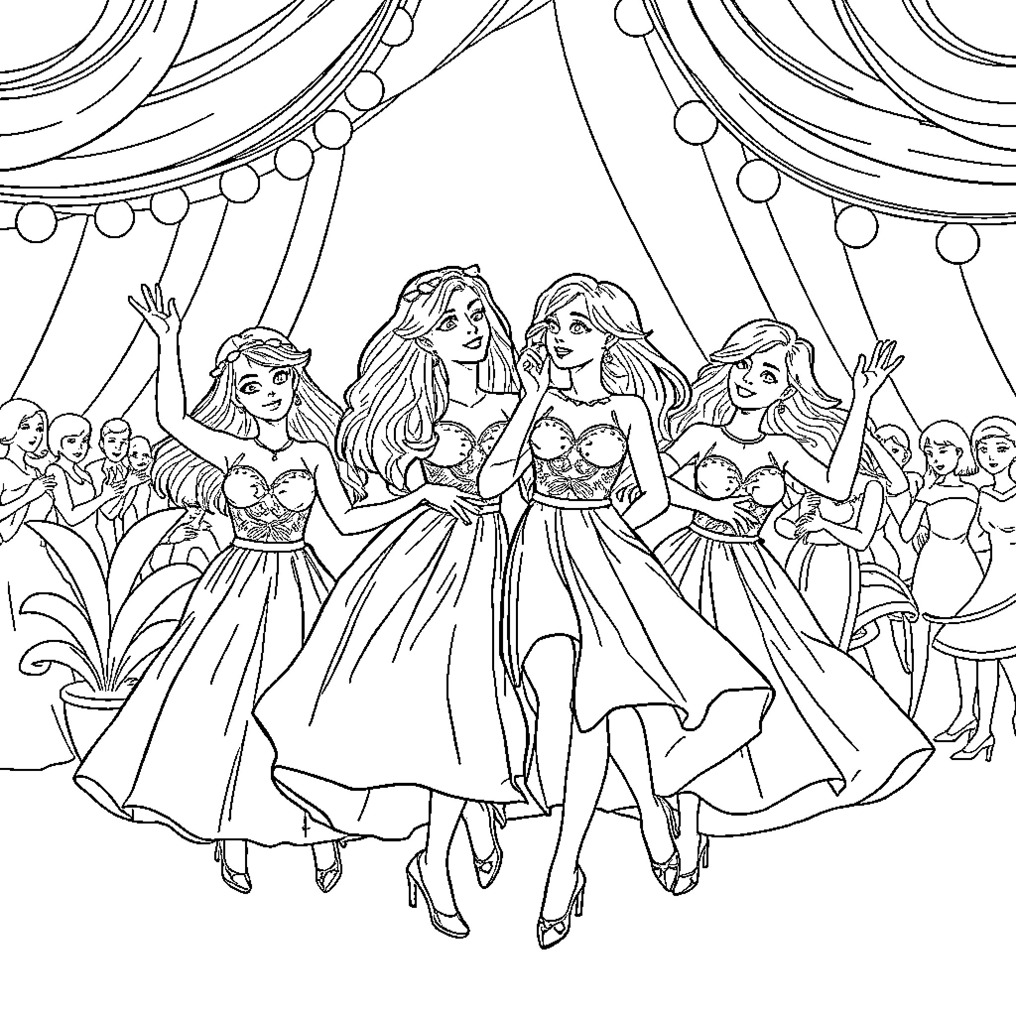Chicas Dancing on Stage with Audience Coloring Page (free black-and-white line drawing printable PDF for all, from beginners to advanced learners, including children, teens, adults, and seniors)