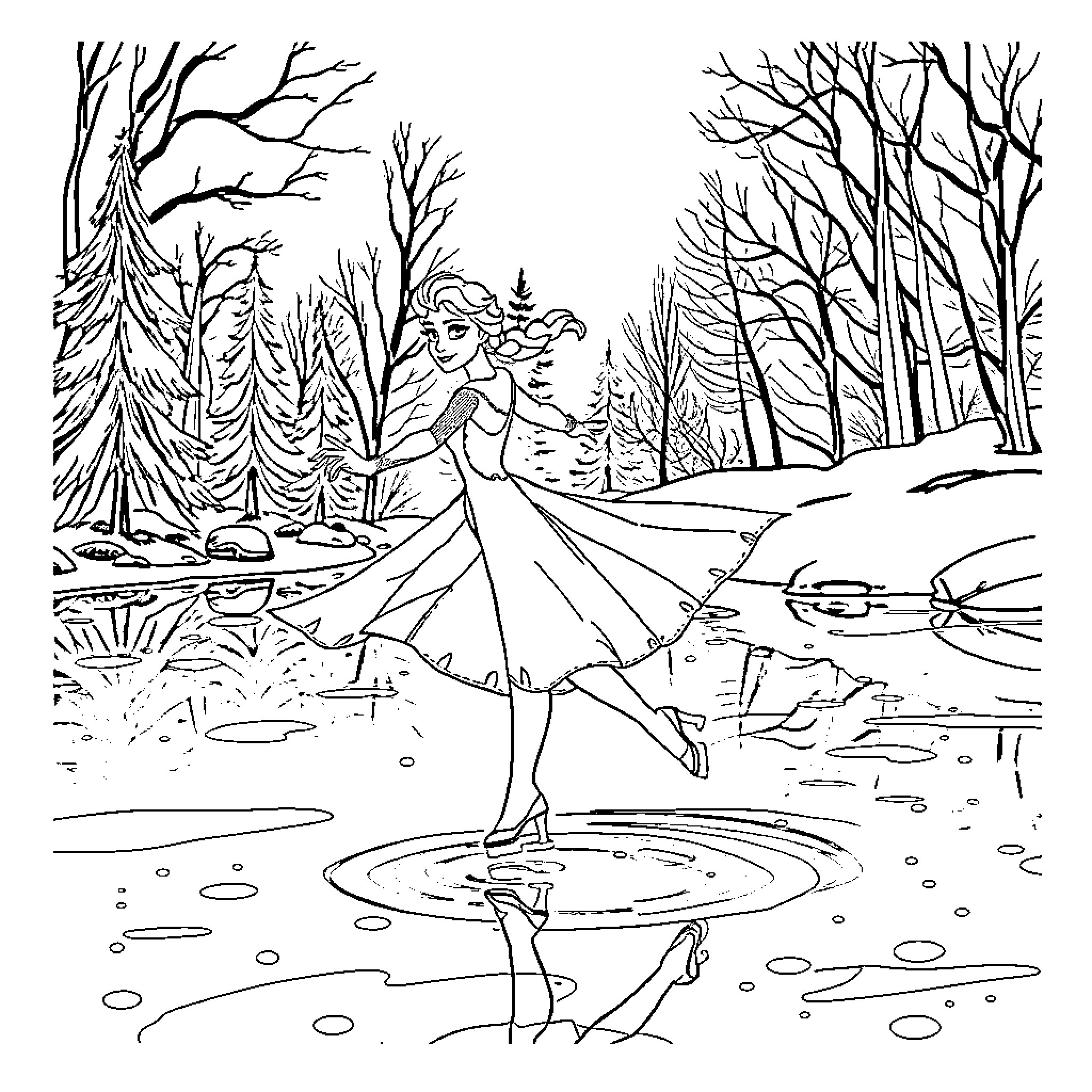 Elsa dancing gracefully in a winter wonderland Coloring Page (free black-and-white line drawing printable PDF for all, from beginners to advanced learners, including children, teens, adults, and seniors)