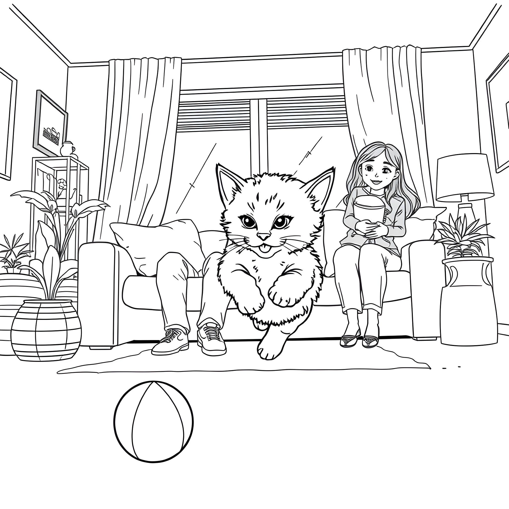 Kitten and girl relaxing in living room Coloring Page (free black-and-white line drawing printable PDF for all, from beginners to advanced learners, including children, teens, adults, and seniors)