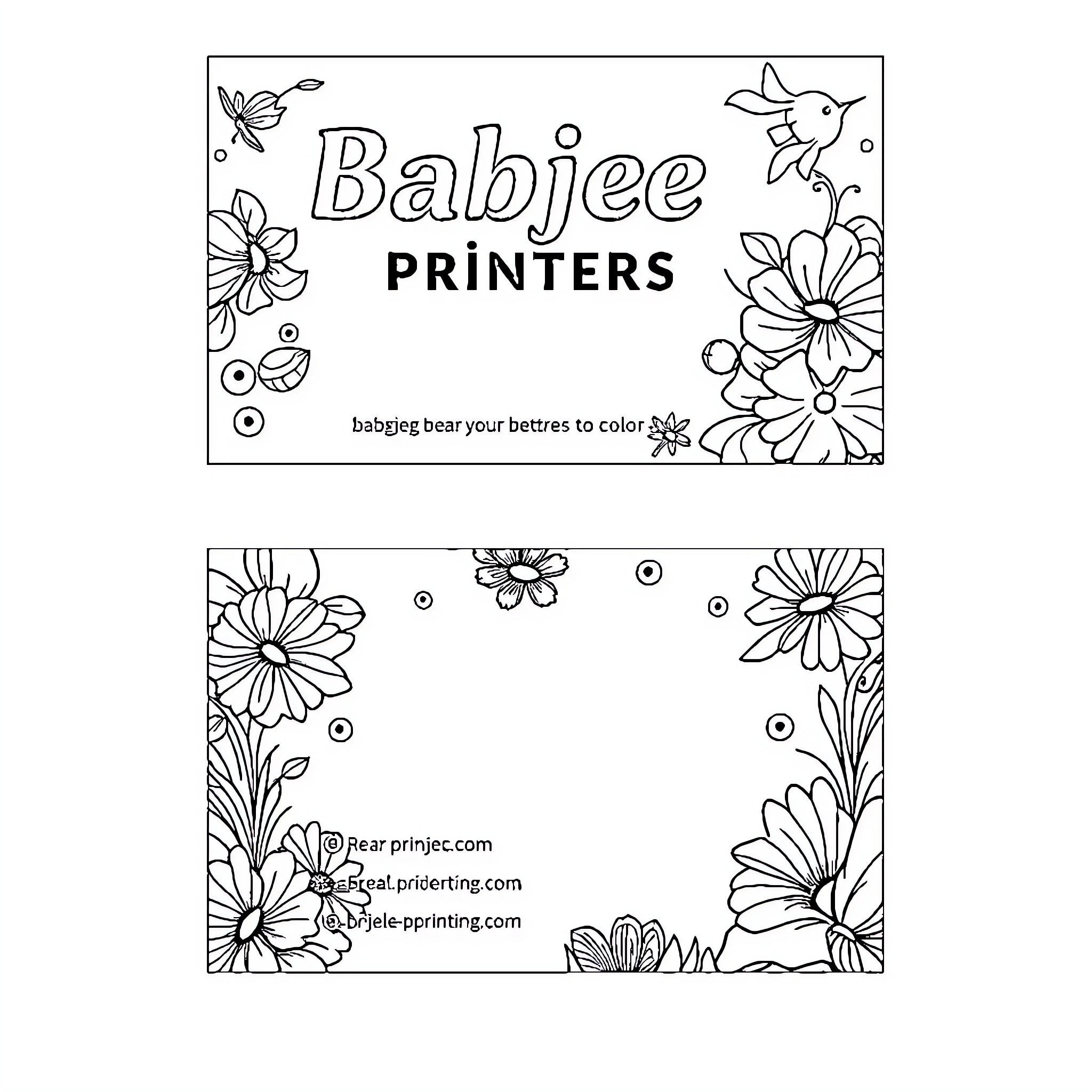 Business Card for Babjee Printers with Floral Decorations Coloring Page (free black-and-white line drawing printable PDF for all, from beginners to advanced learners, including children, teens, adults, and seniors)