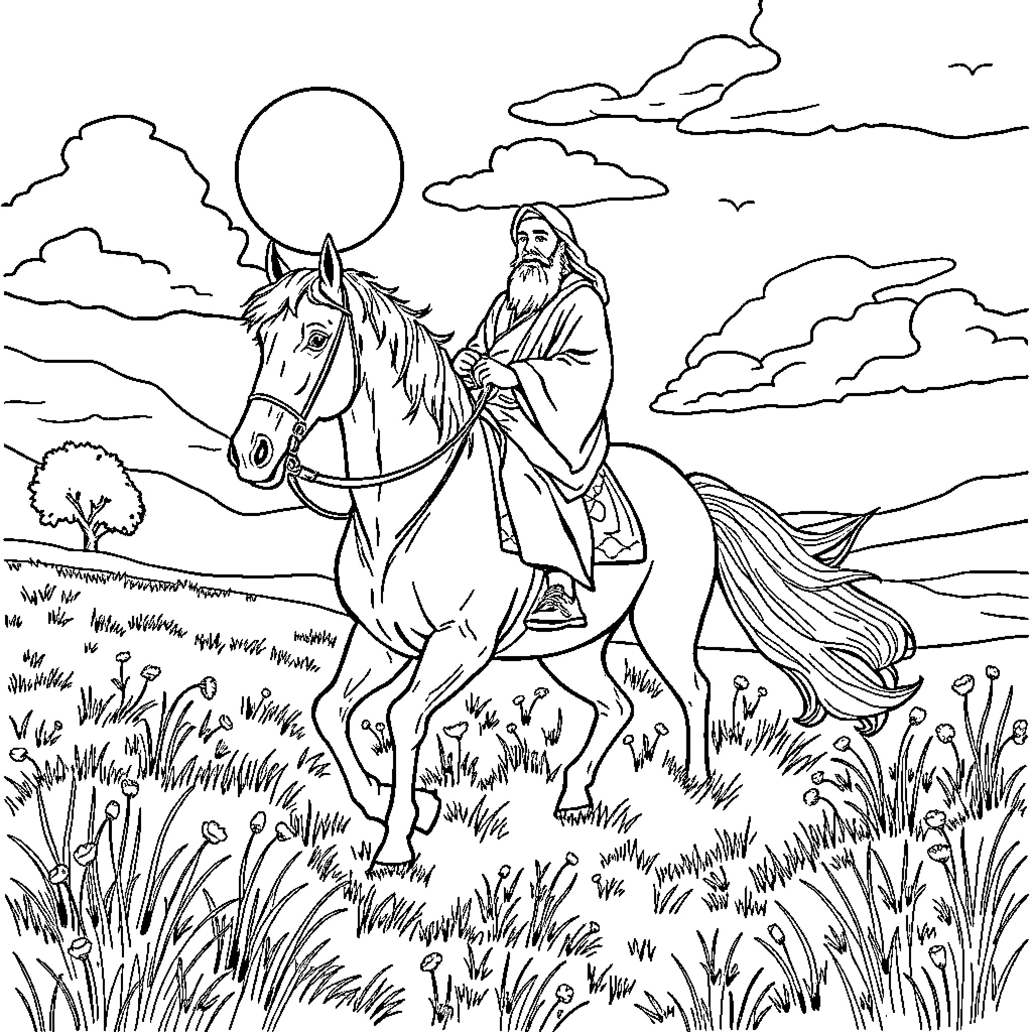 Rumi riding a horse in a serene landscape Coloring Page (free black-and-white line drawing printable PDF for all, from beginners to advanced learners, including children, teens, adults, and seniors)