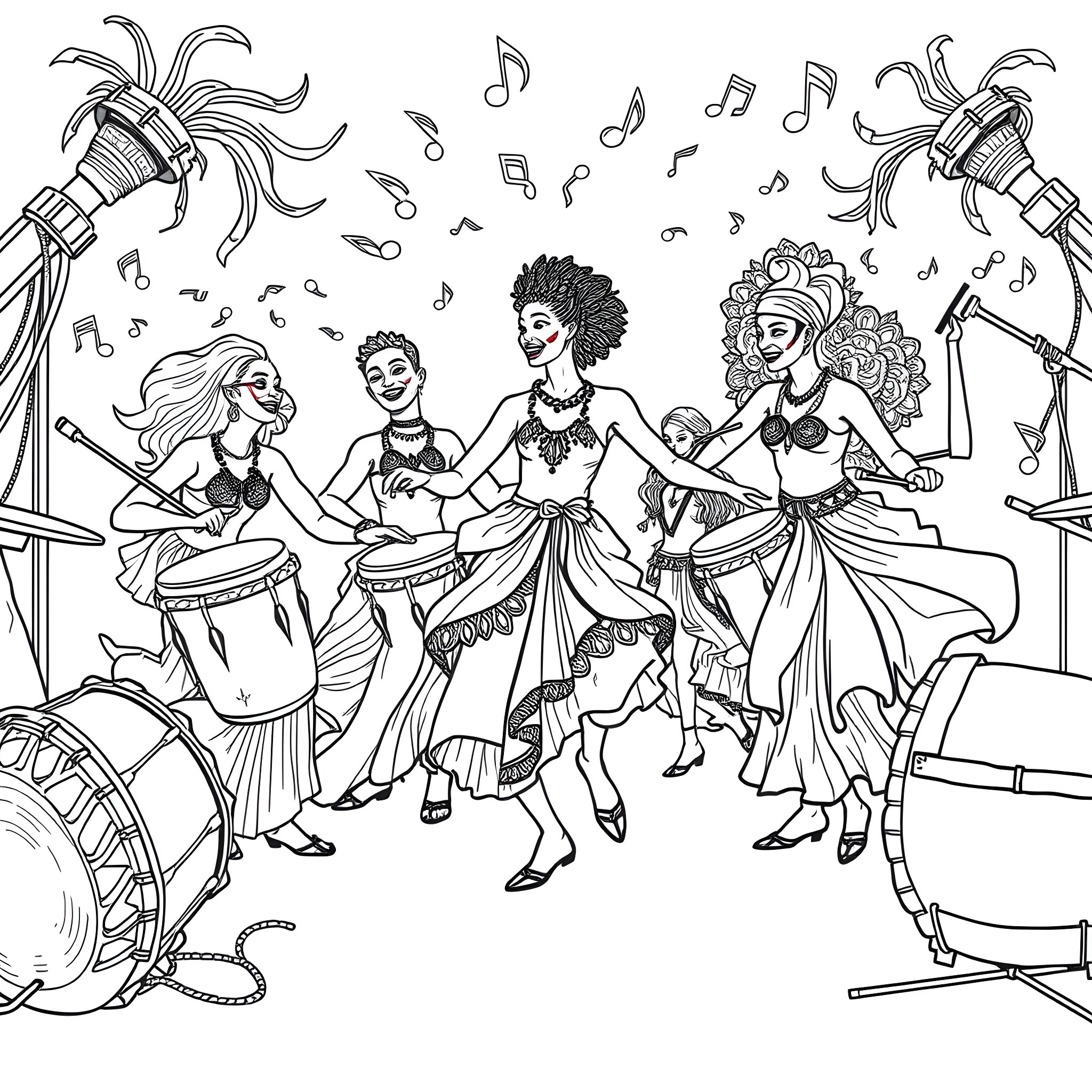 Dancer's lively musical performance on stage Coloring Page (free black-and-white line drawing printable PDF for all, from beginners to advanced learners, including children, teens, adults, and seniors)