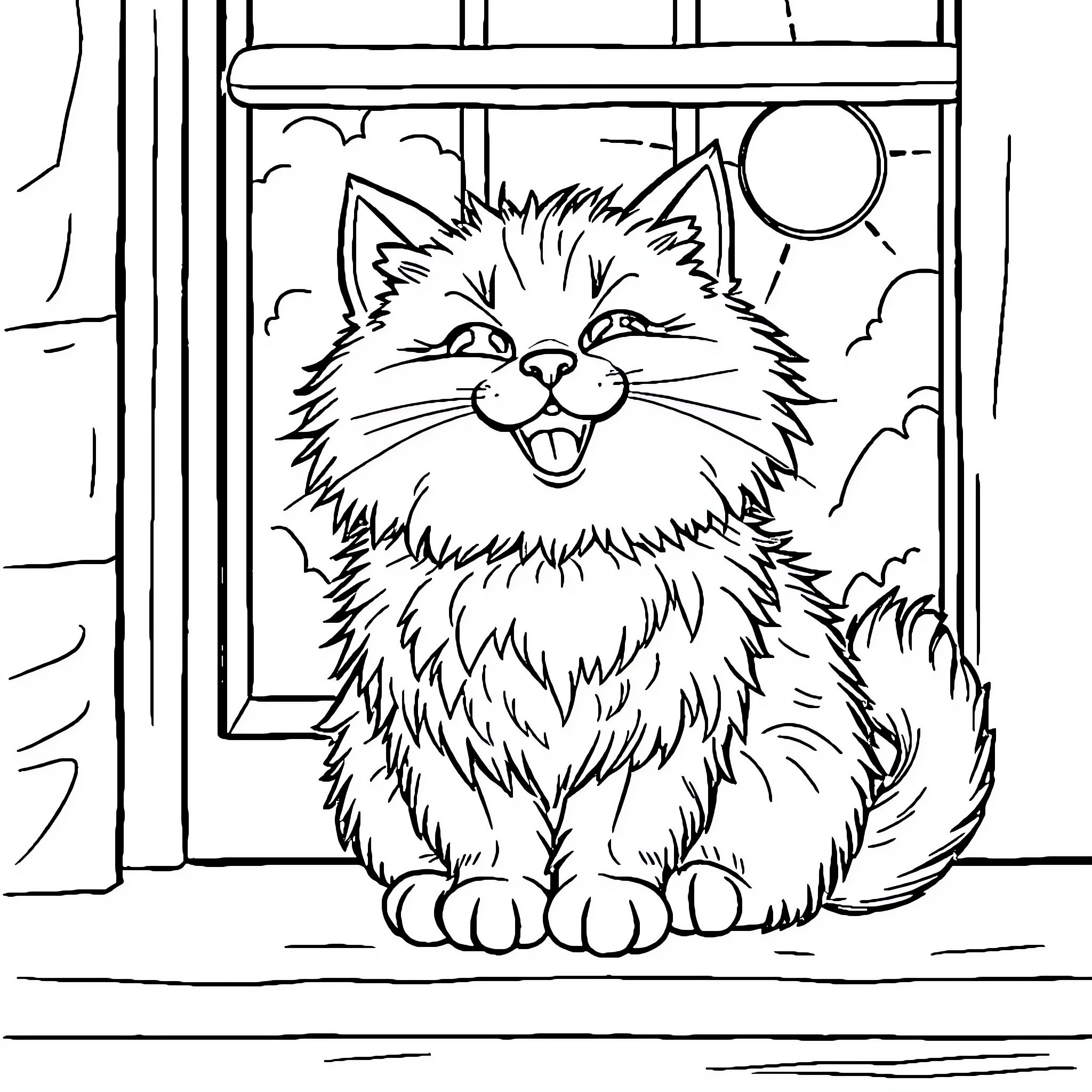 Cat cheerfully sitting in window Coloring Page (free black-and-white line drawing printable PDF for all, from beginners to advanced learners, including children, teens, adults, and seniors)