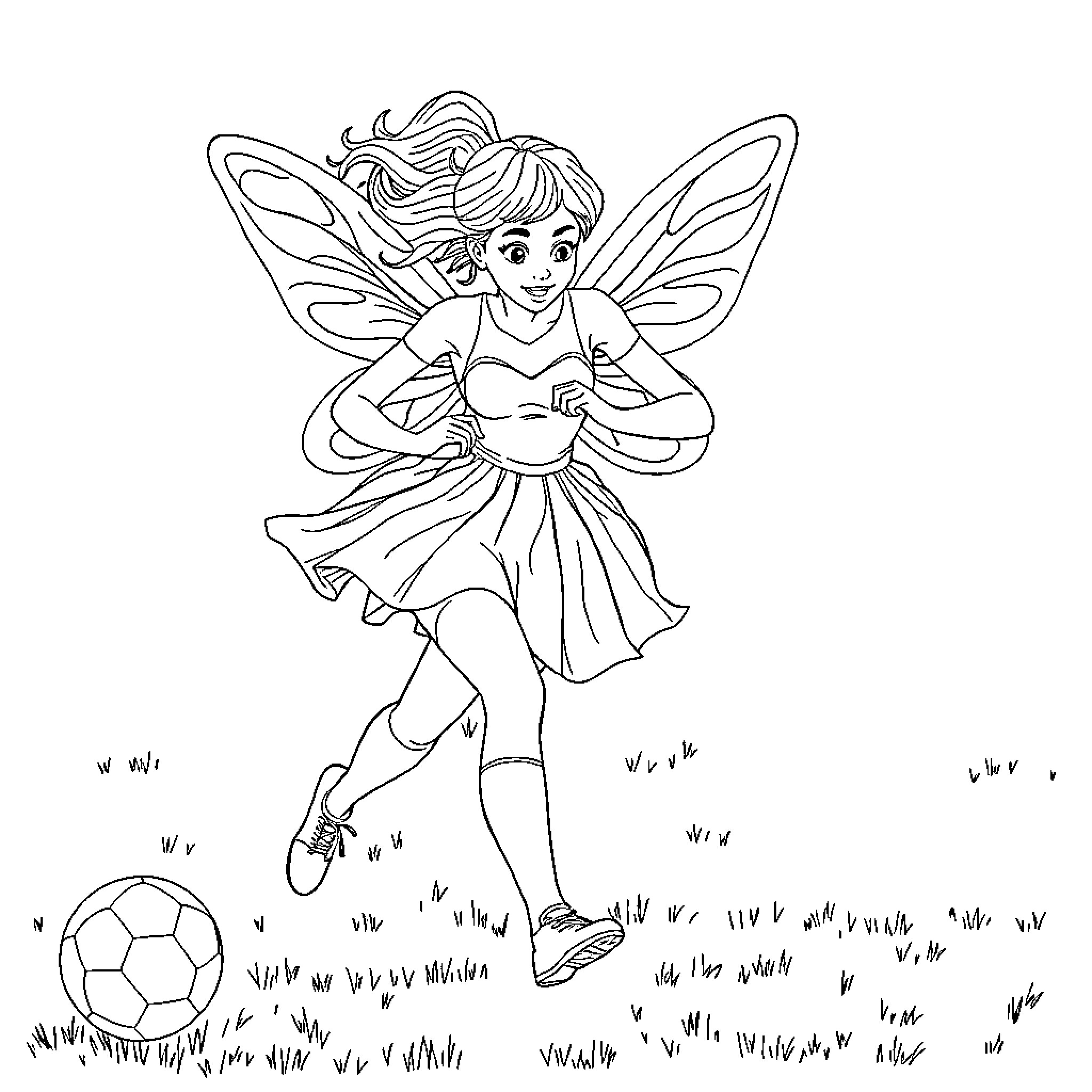 Football Player Fairy Frolicking in Meadow Coloring Page (free black-and-white line drawing printable PDF for all, from beginners to advanced learners, including children, teens, adults, and seniors)