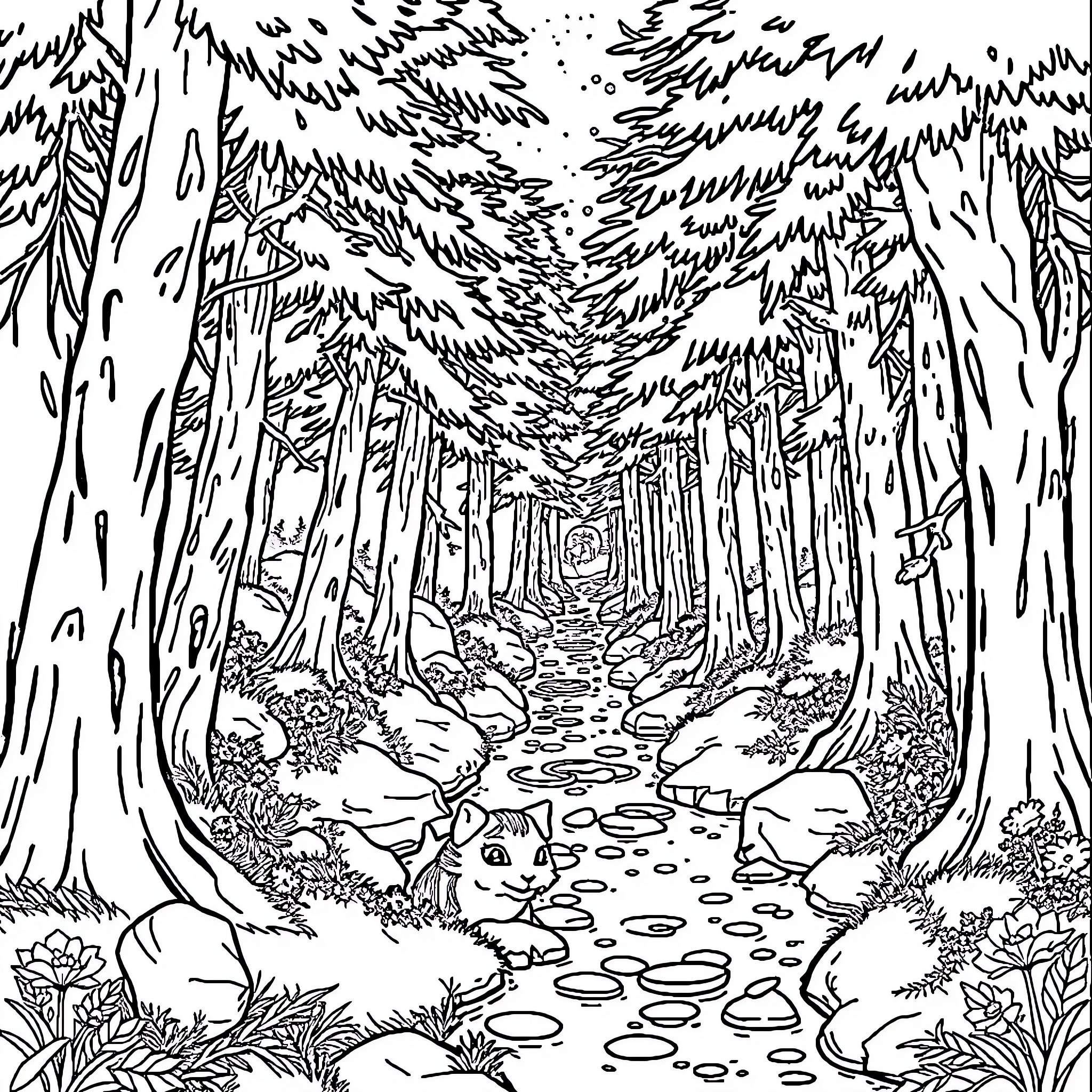 Fairytale Forest Path with Woodland Creatures Coloring Page (free black-and-white line drawing printable PDF for all, from beginners to advanced learners, including children, teens, adults, and seniors)