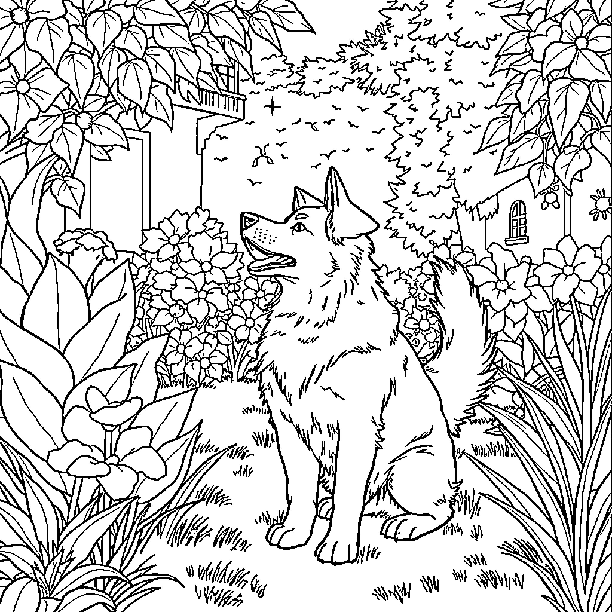 Dog exploring the vibrant garden Coloring Page (free black-and-white line drawing printable PDF for all, from beginners to advanced learners, including children, teens, adults, and seniors)